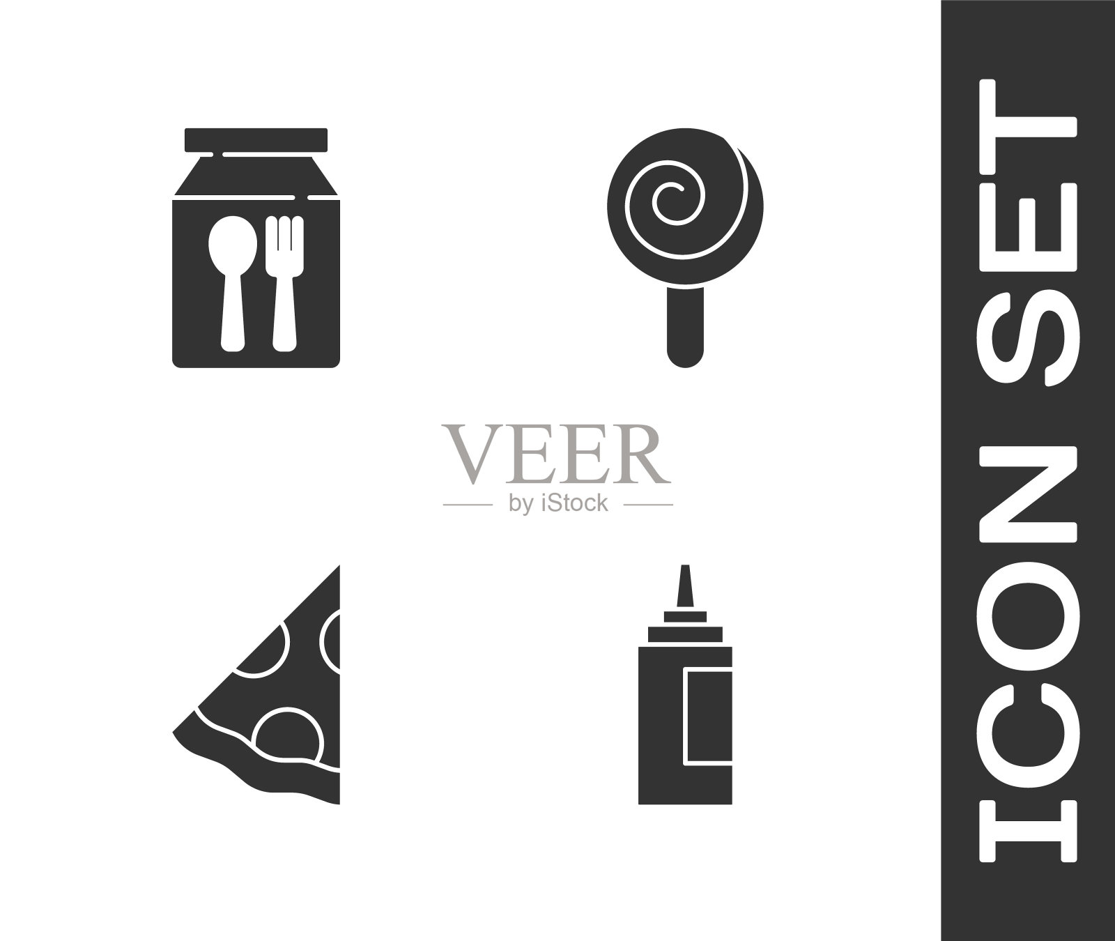 设置酱瓶，在线订购和送餐，披萨片和棒棒糖图标。向量图标素材