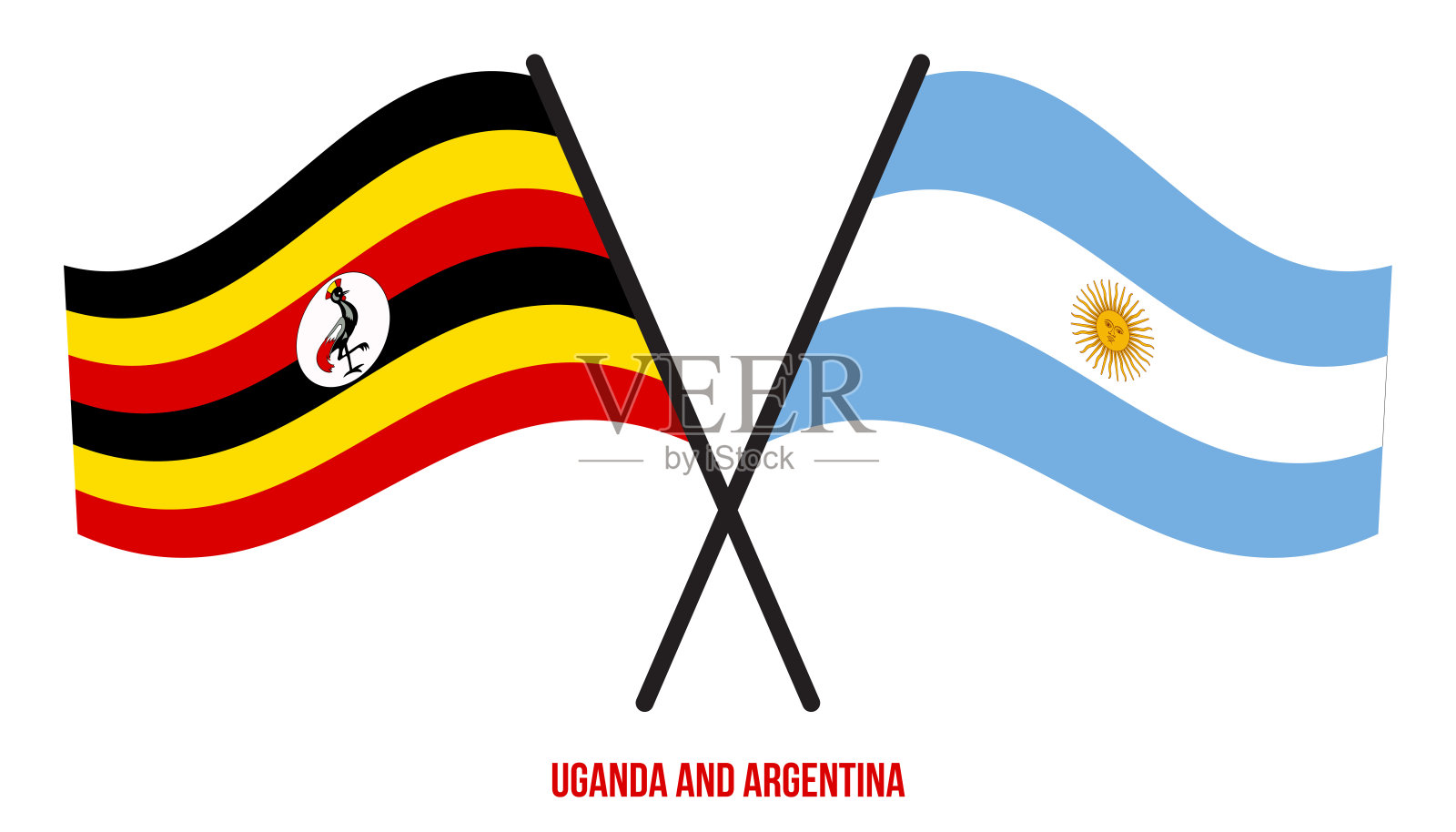 乌干达和阿根廷的旗帜交叉并平挥风格。官方的比例。正确的颜色。插画图片素材