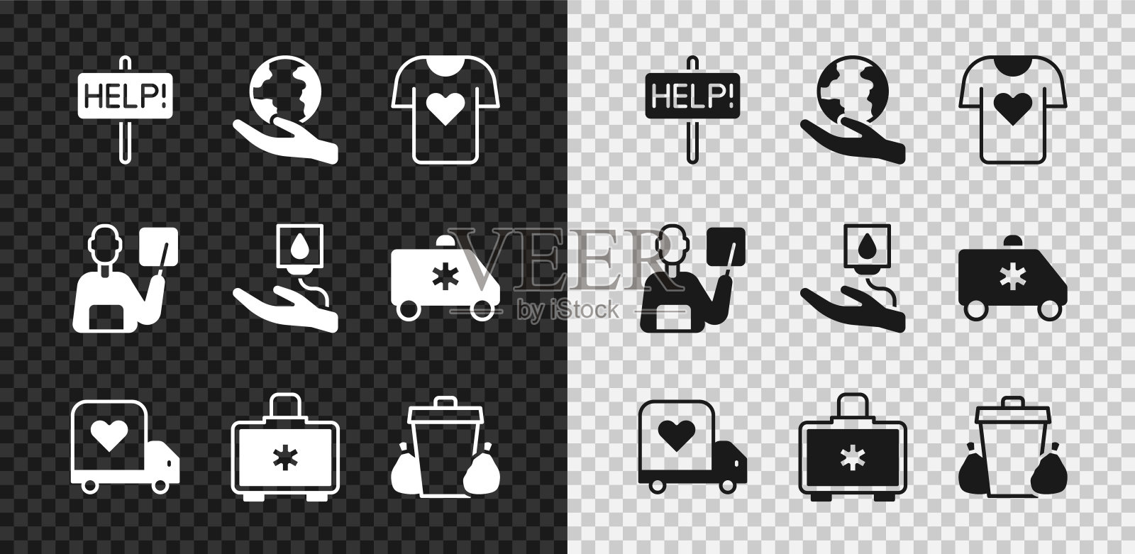 设置帮助标志，手握地球，衣服捐赠，运送卡车与心脏，急救箱，垃圾桶，老师和血液图标。向量图标素材
