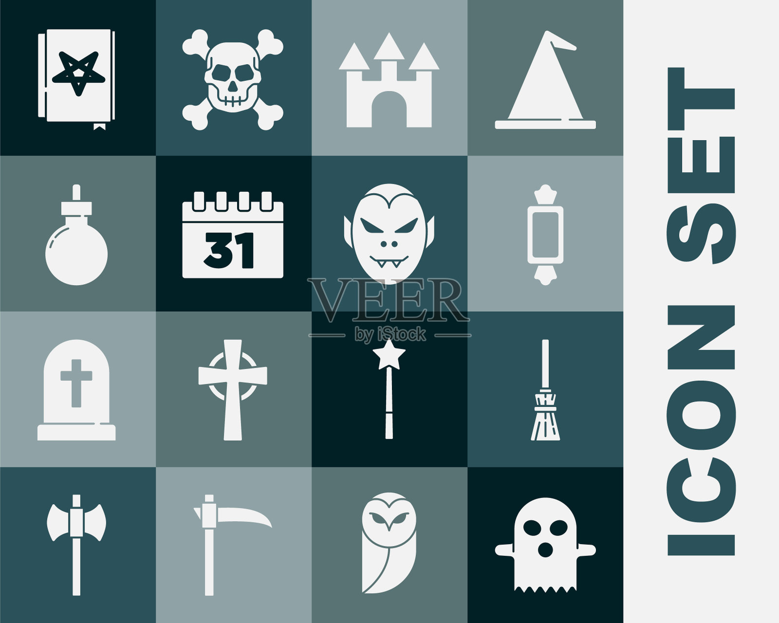 设置幽灵，女巫扫帚，糖果，城堡，日历与万圣节，炸弹准备爆炸，古代魔法书和吸血鬼图标。向量图标素材