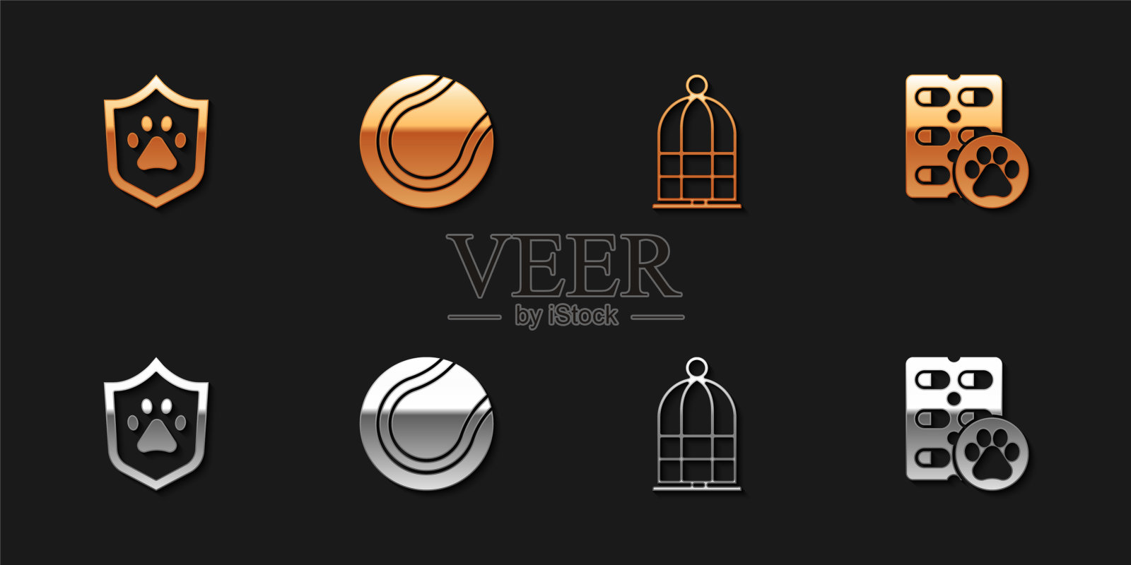 设置动物健康保险，网球，鸟笼和狗药丸图标。向量图标素材