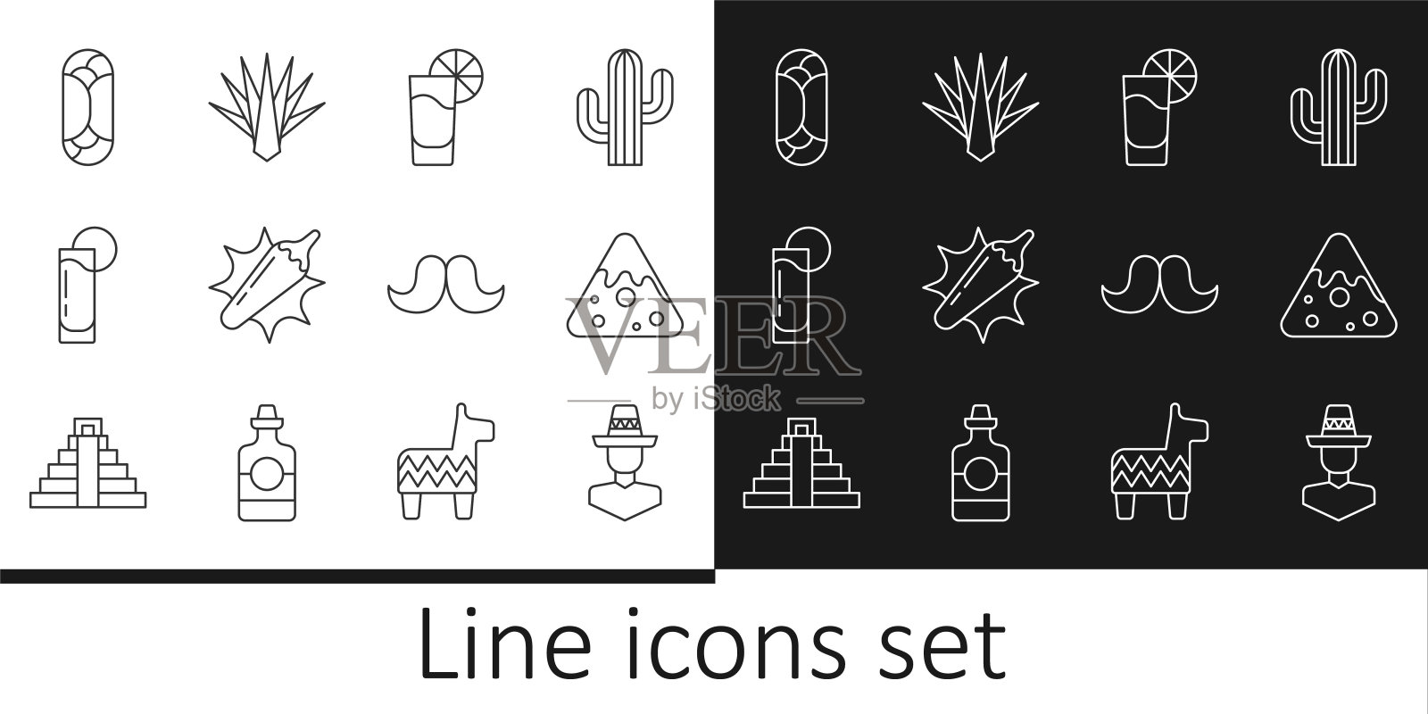 设置线墨西哥人墨西哥帽，玉米片，龙舌兰杯与柠檬，热辣椒辣椒豆荚，墨西哥卷饼，胡子和龙舌兰图标。向量图标素材