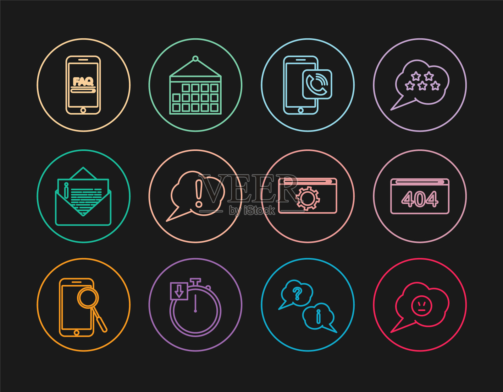 设置行语音气泡愤怒的微笑，页面404错误，手机呼叫，感叹号，信封，常见问题解答信息，设置和日历图标。向量图标素材