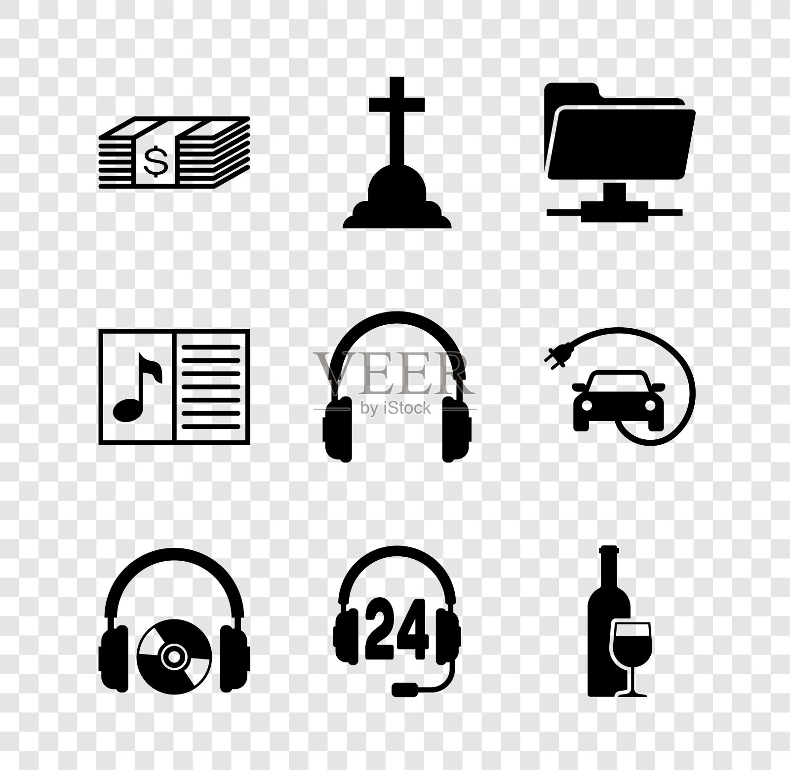 设置纸币现金，墓碑十字，FTP文件夹，耳机和CD或DVD，支持和酒瓶玻璃图标。向量图标素材