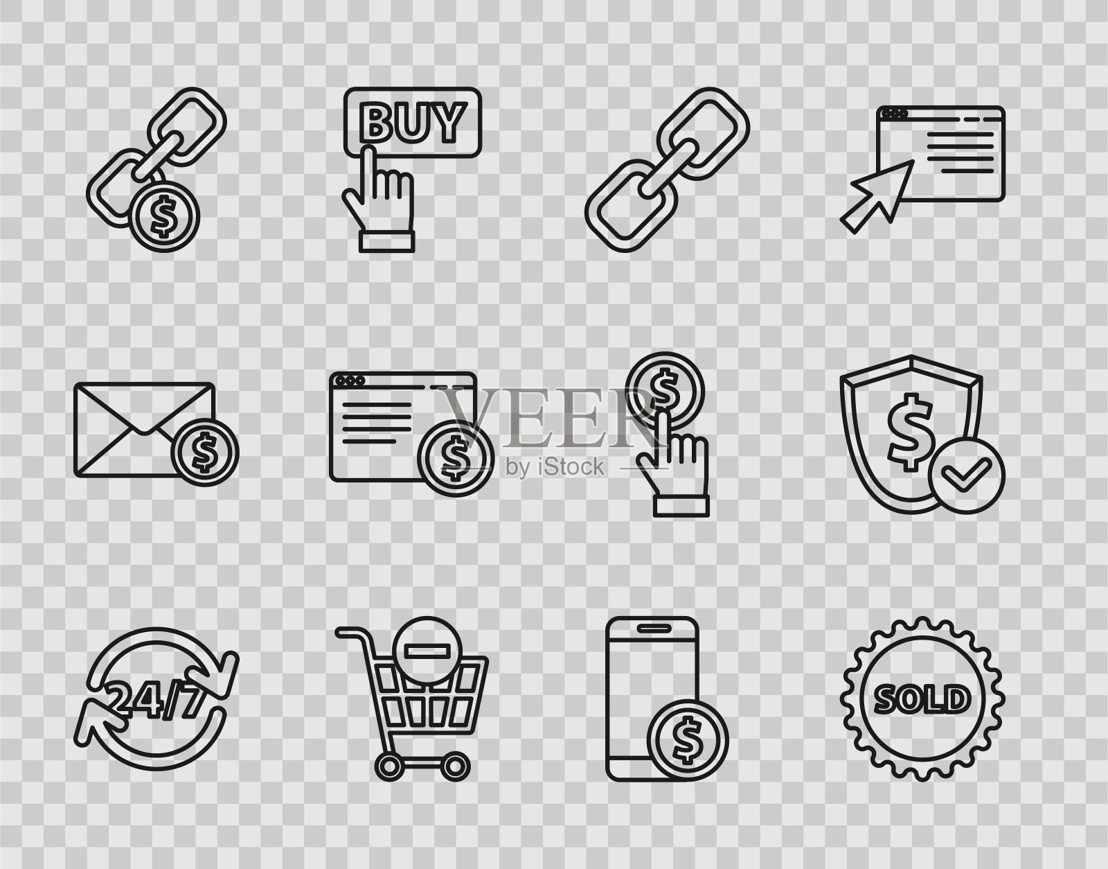 24小时在线时钟，已售出标签，链扣，删除购物车，硬币，在线屏幕，智能手机美元和盾图标。向量图标素材