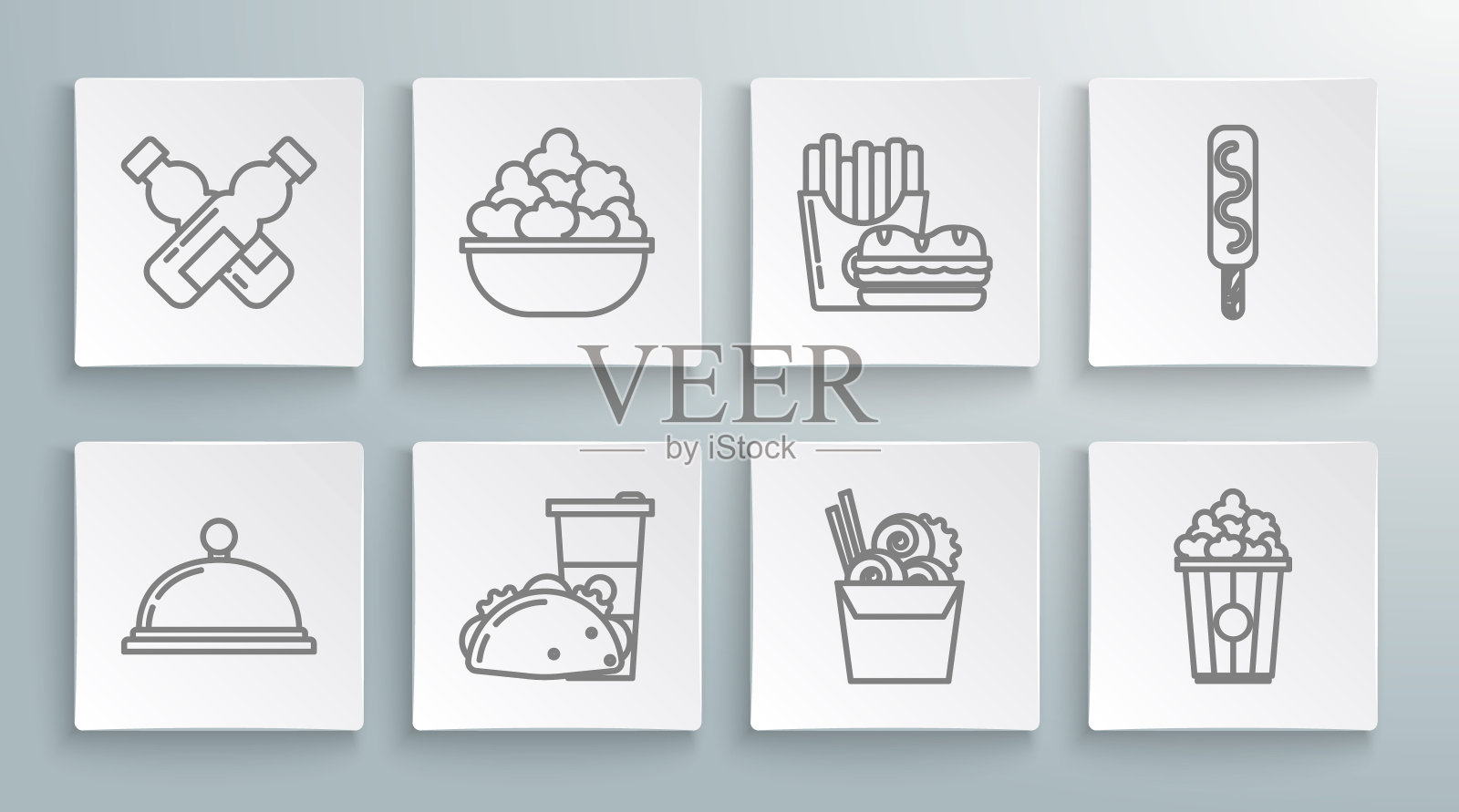 套线覆盖一托盘的食物，纸玻璃和墨西哥玉米薄饼，亚洲面条纸盒筷子，纸板，汉堡薯条纸箱包装，冰淇淋和水的图标。向量图标素材