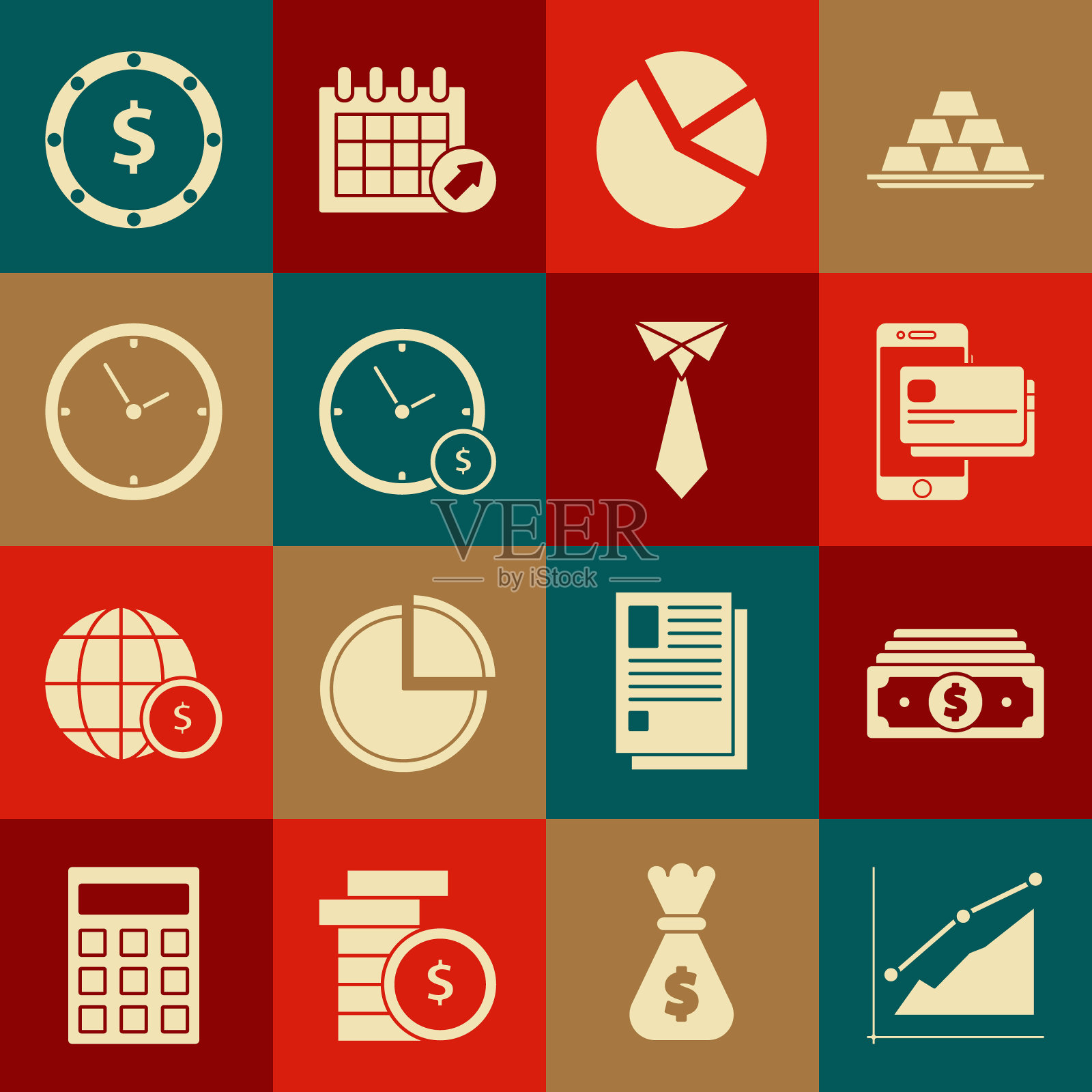 设置饼图信息图，叠纸钱现金，手机和信用卡，时间是，时钟，硬币与美元符号和领带图标。向量图标素材