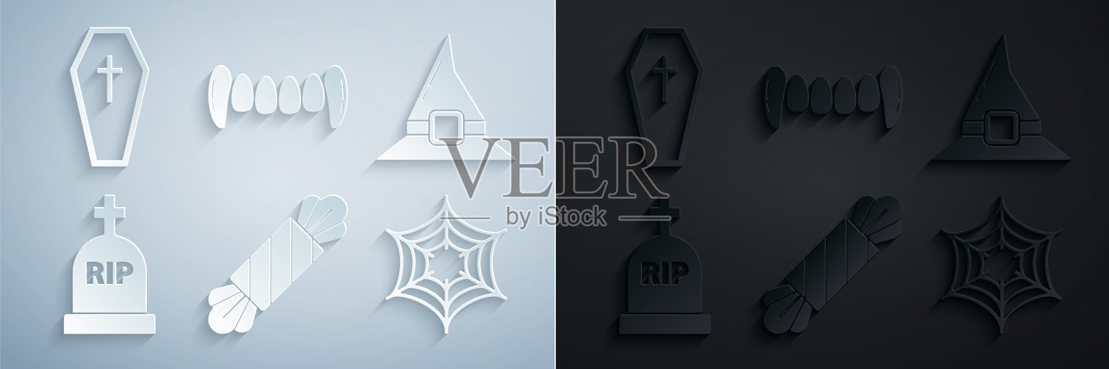 设置糖果，女巫帽，墓碑与RIP，蜘蛛网，吸血鬼牙齿和棺材基督十字架图标。向量插画图片素材