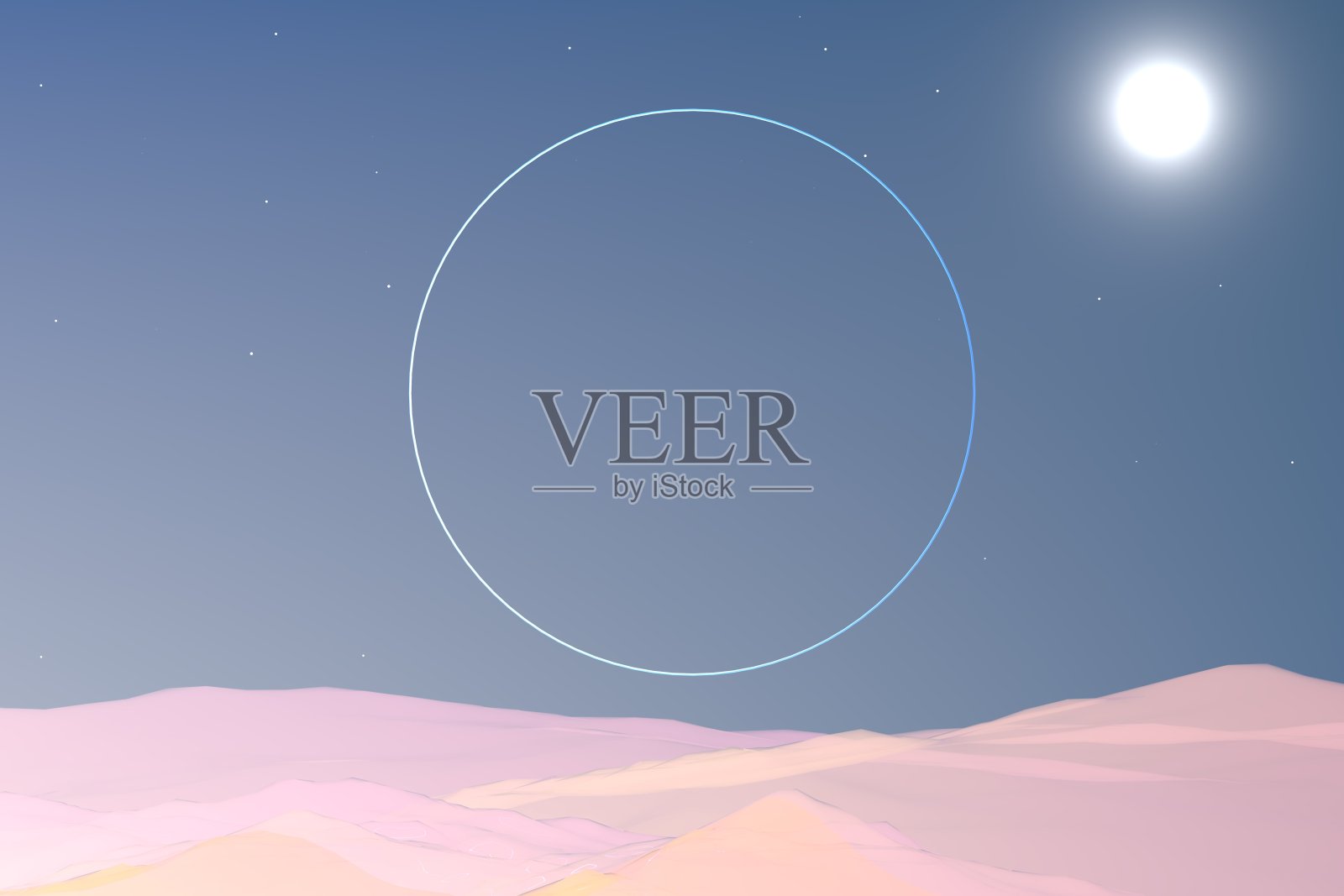 夜间沙漠霓虹灯设计。画出夜晚的沙漠和霓虹灯圈。沙漠抽象概念3D渲染器。插画图片素材