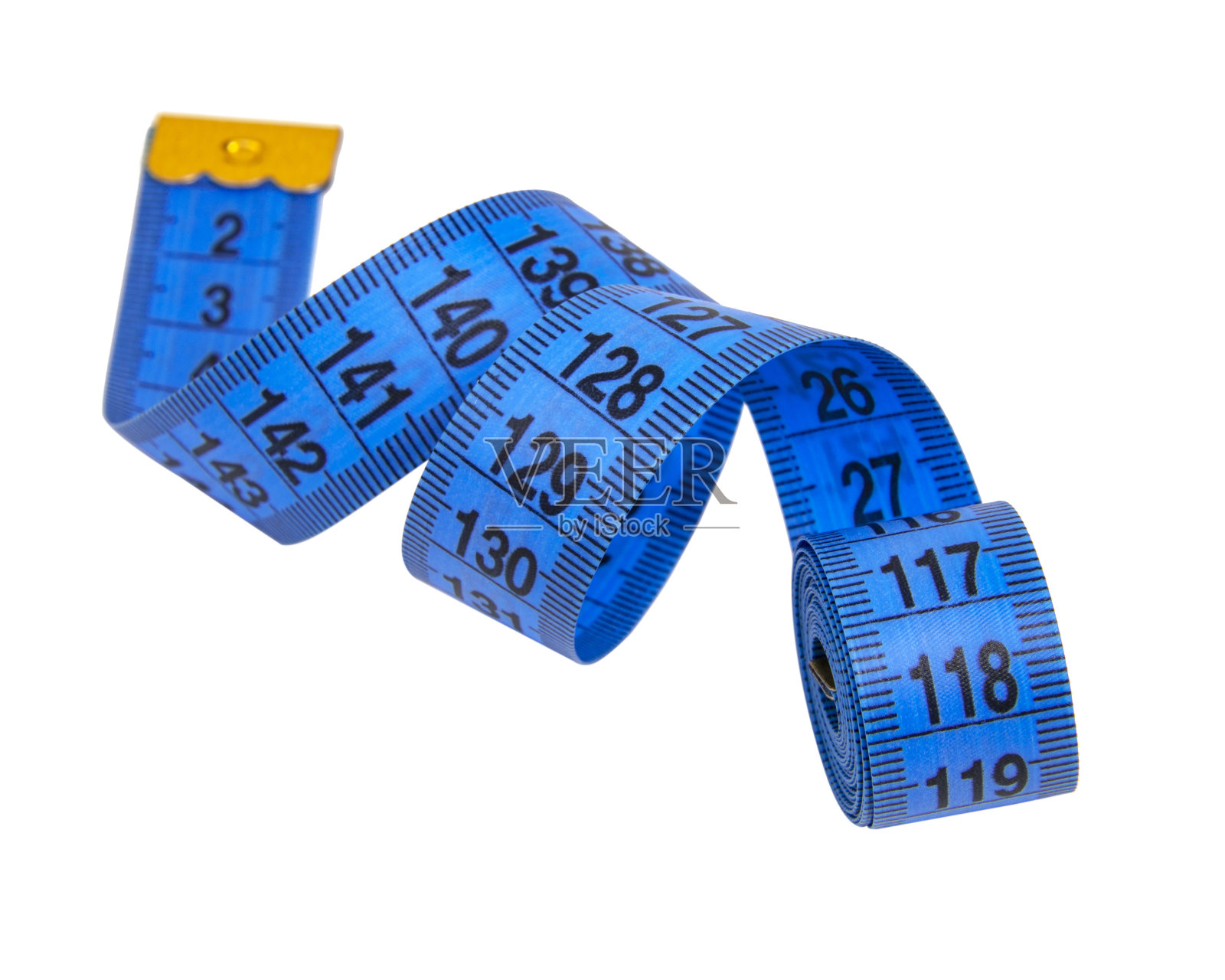 蓝色卷尺测量螺旋孤立在白色背景上照片摄影图片