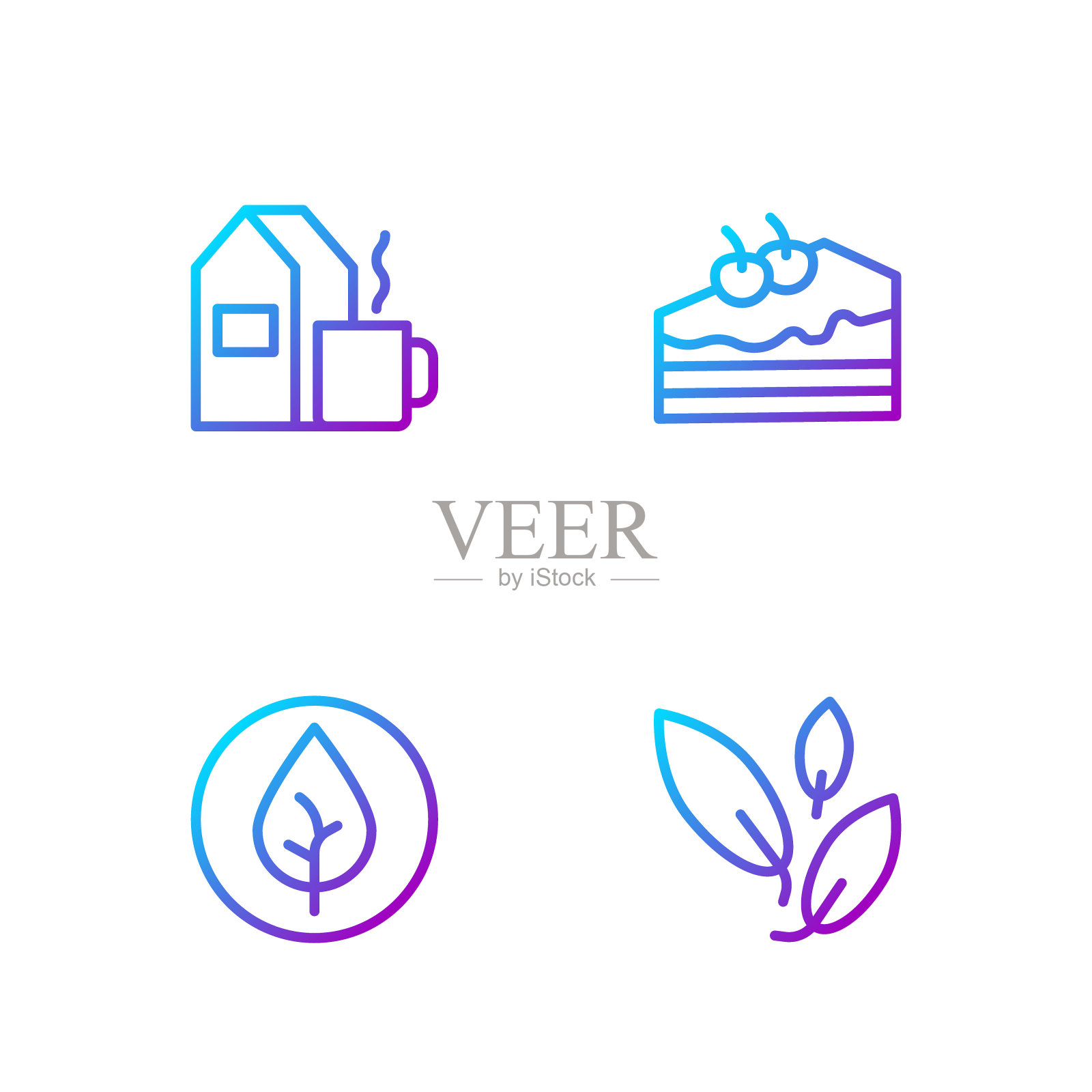 茶叶，一杯牛奶茶和一块蛋糕。渐变颜色图标。向量图标素材