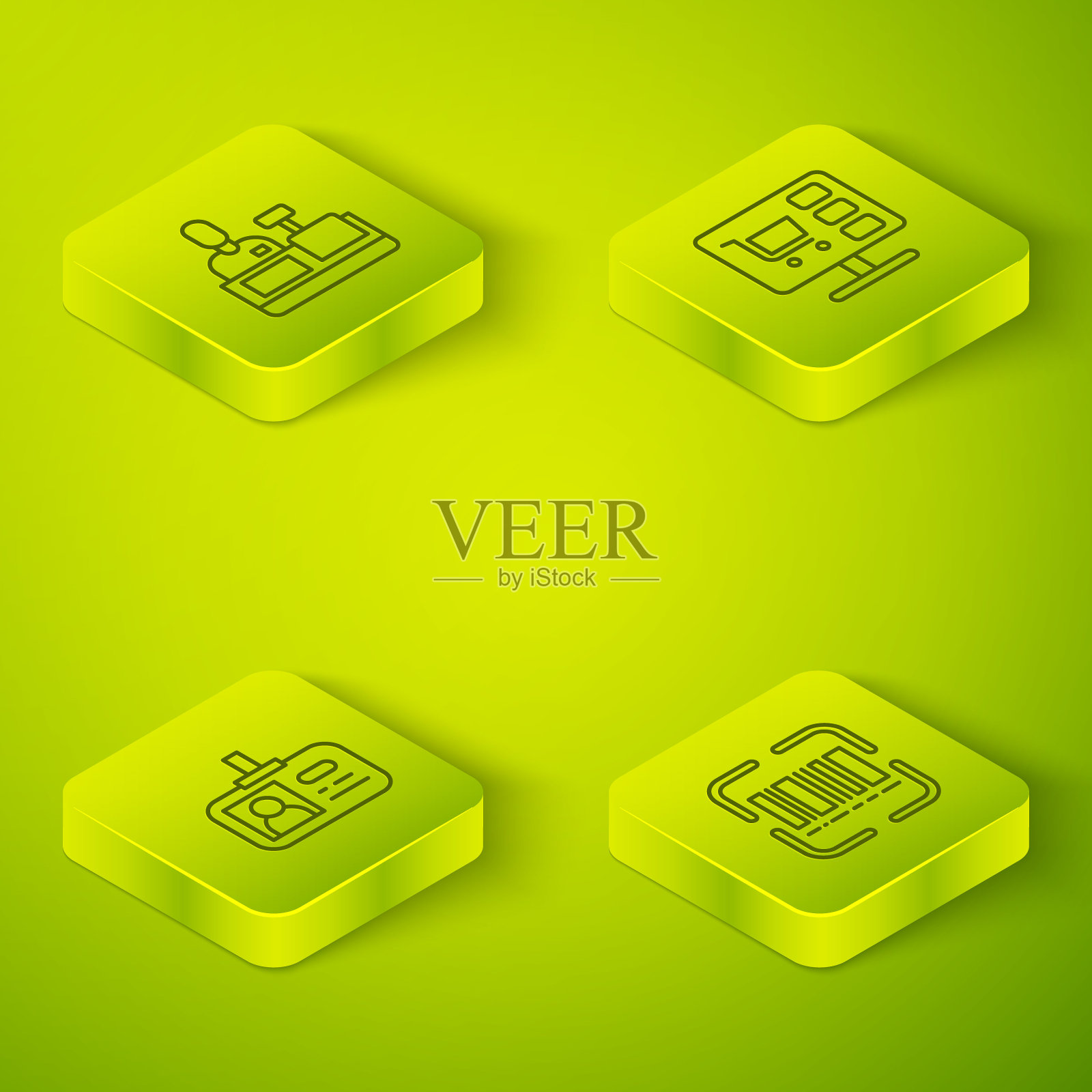 在电脑上设置等距线购物车，标识牌，扫描仪扫描条形码和收银机图标。向量图标素材