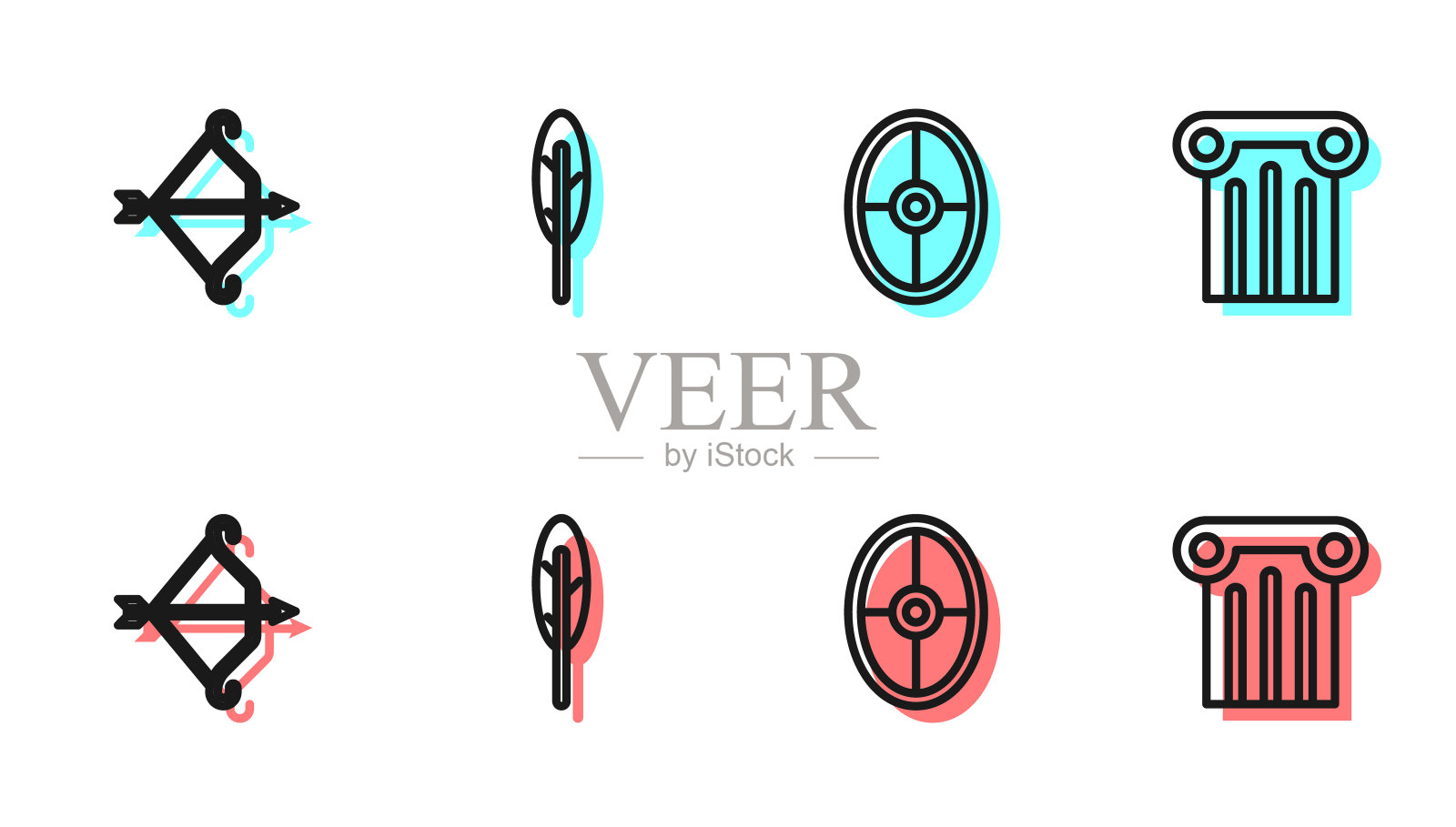 设置线希腊盾牌，中世纪弓与箭，羽毛笔和古代柱图标。向量插画图片素材