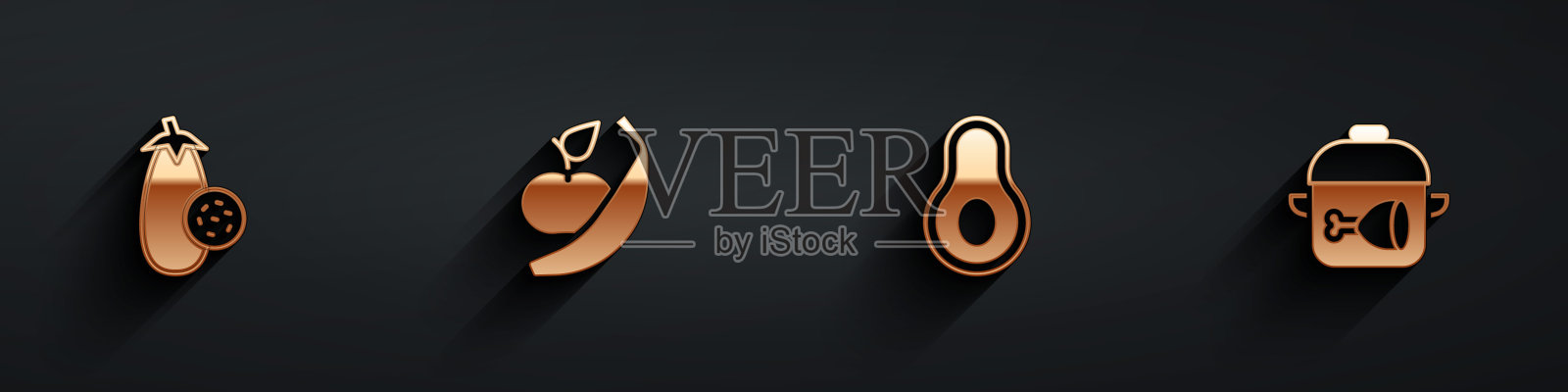 设置茄子，苹果和香蕉，鳄梨水果和烹饪锅鸡腿图标与长阴影。向量插画图片素材