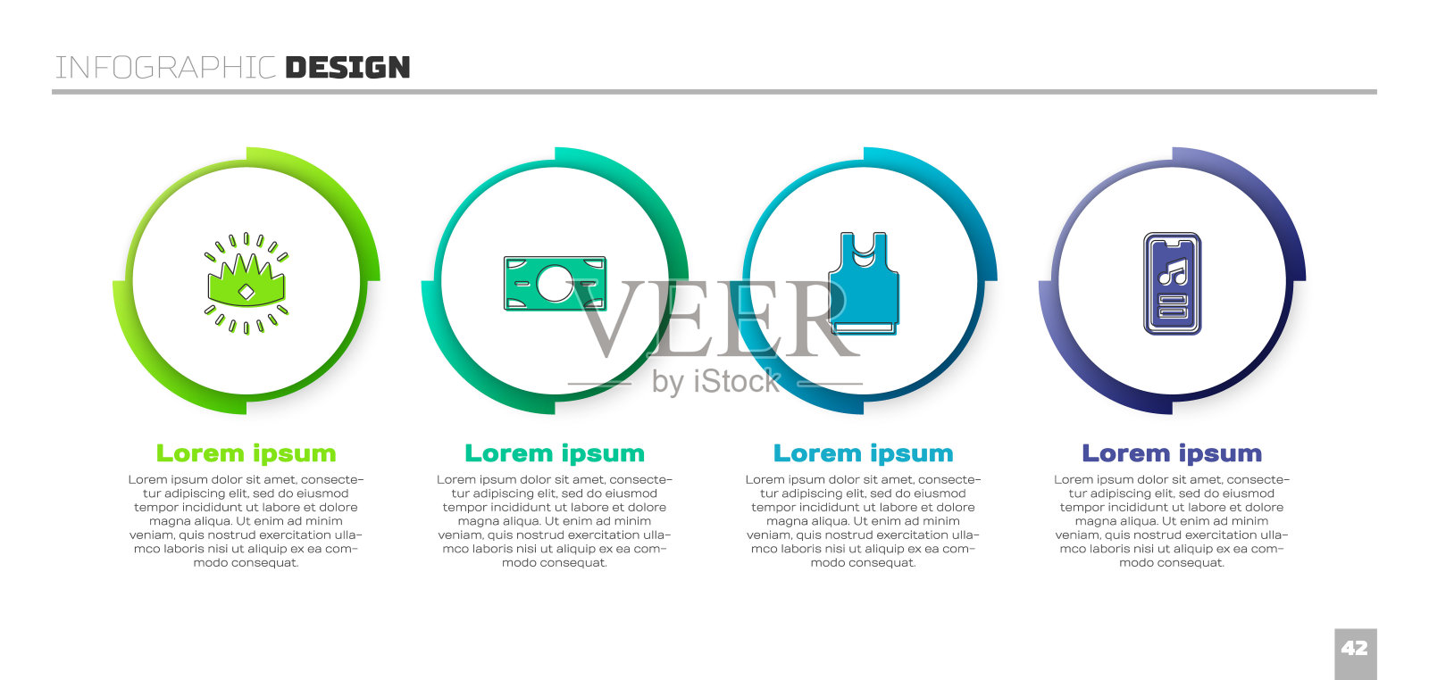 设置国王皇冠，叠纸钱现金，汗衫和音乐播放器。业务信息模板。向量设计模板素材