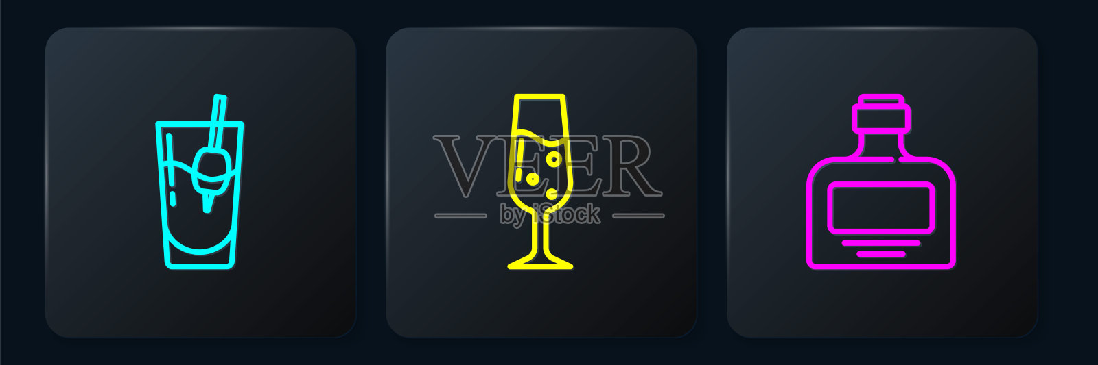 设置线鸡尾酒血腥玛丽，威士忌酒瓶和香槟。黑色方形按钮。向量设计元素图片