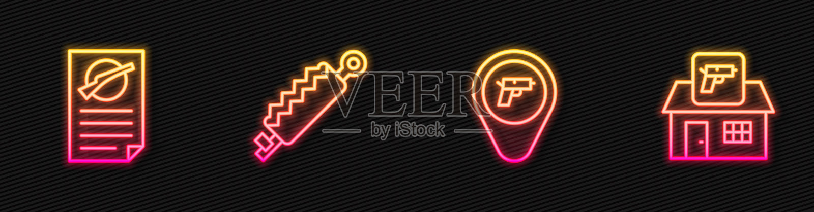 设置枪支位置，枪支许可证，陷阱狩猎和狩猎商店。发光的霓虹灯图标。向量插画图片素材