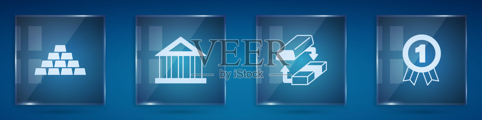 金条、银行大楼、货币兑换和奖章方形玻璃面板矢量素材插画图片素材