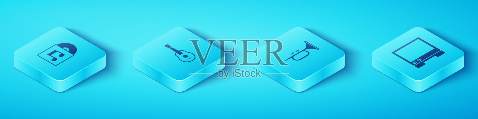 设置等距乙烯基光盘，吉他，语音助手和小号图标。向量插画图片素材