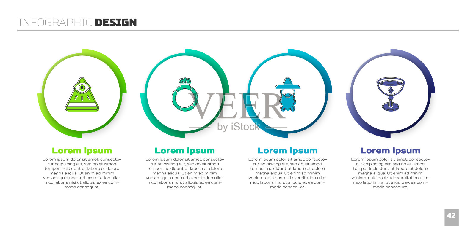 设置石匠，魔法石戒指与宝石，巫师和中世纪的高脚杯。业务信息模板。向量设计模板素材