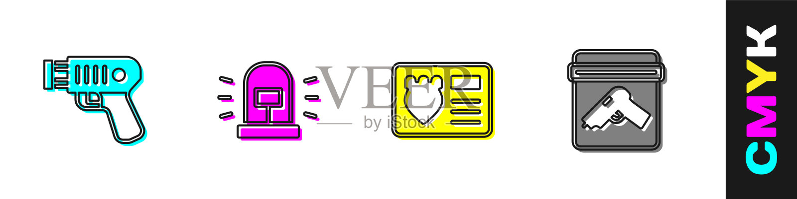 设置警用电击器，闪光警报器，带身份证的徽章和证据袋枪图标。向量图标素材