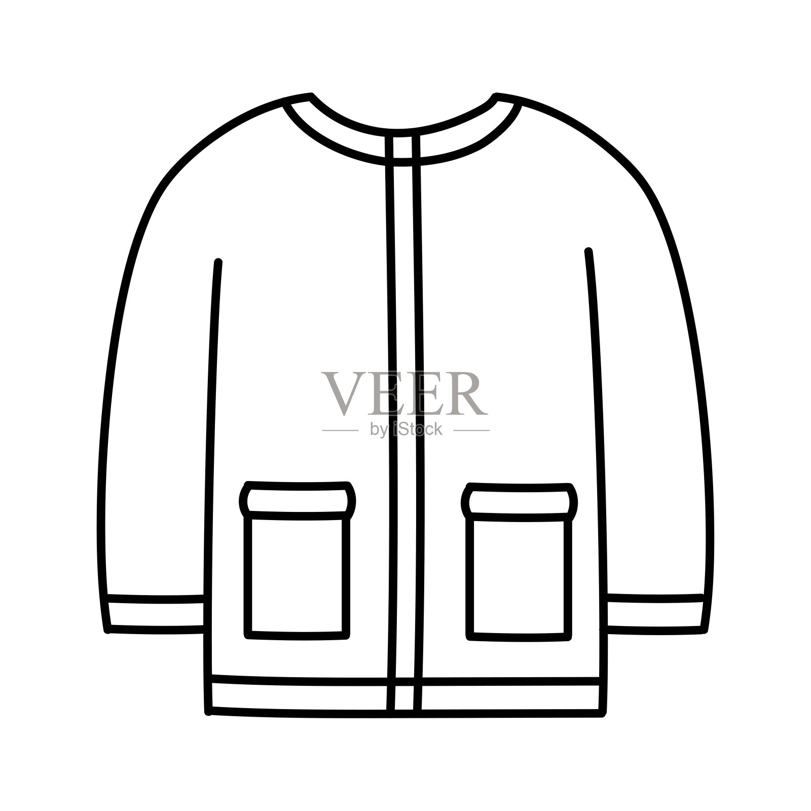 上色页暖夹克。经典的有口袋的衣服。衣柜项目。手绘矢量线艺术插图。儿童涂色书。黑白草图插画图片素材