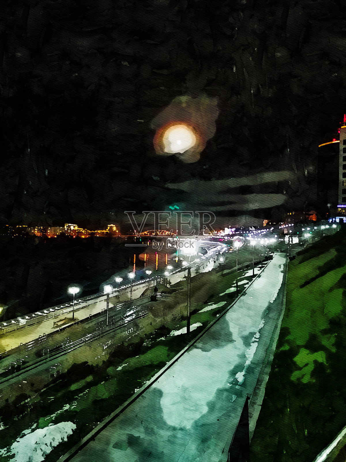 夜晚月亮的光晕。照片摄影图片