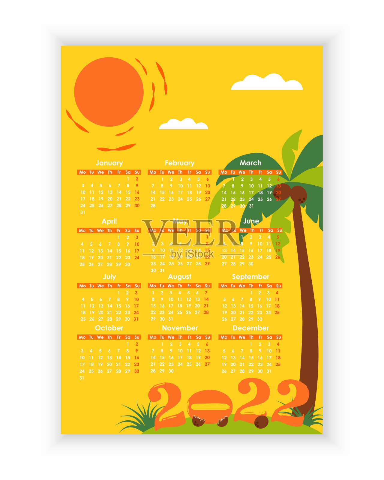 挂历2022。简单，多彩，宝贝，夏日假期立式照片日历模板。2022年日历设计英文版。一周从星期一开始。矢量图插画图片素材