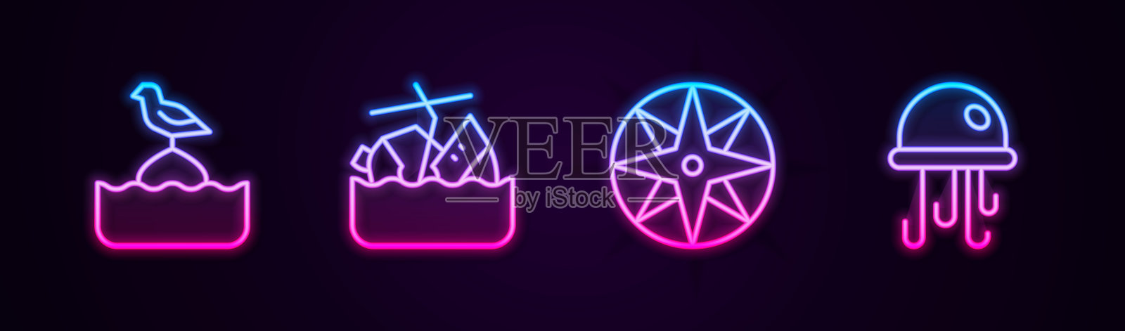 海鸥坐在浮标上，沉没的游轮，风玫瑰和水母。发光的霓虹灯图标。向量插画图片素材