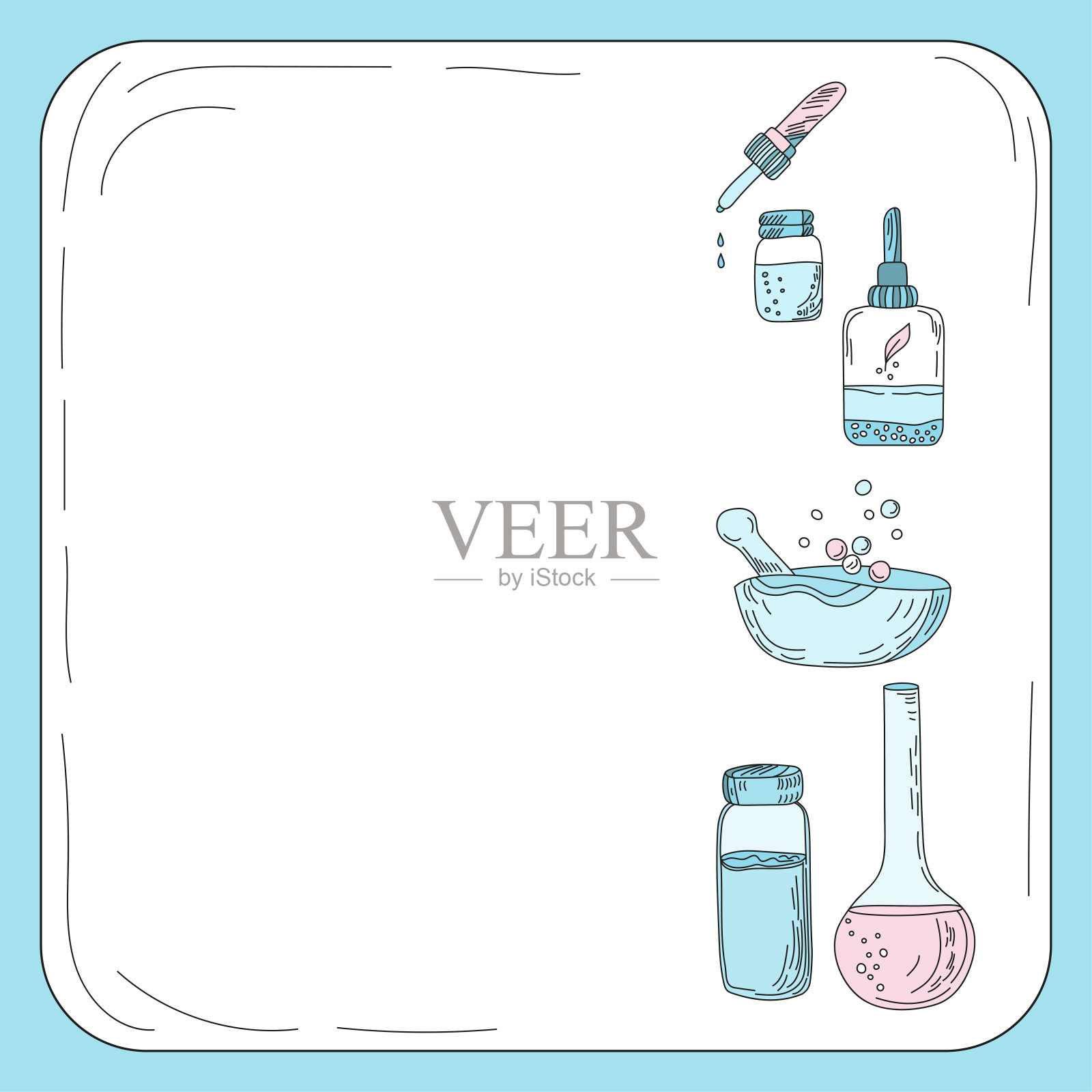 顺势疗法和替代疗法的方格横幅与复制空间。矢量插图与蔬菜瓶和烧瓶油在柔和的颜色。插画图片素材