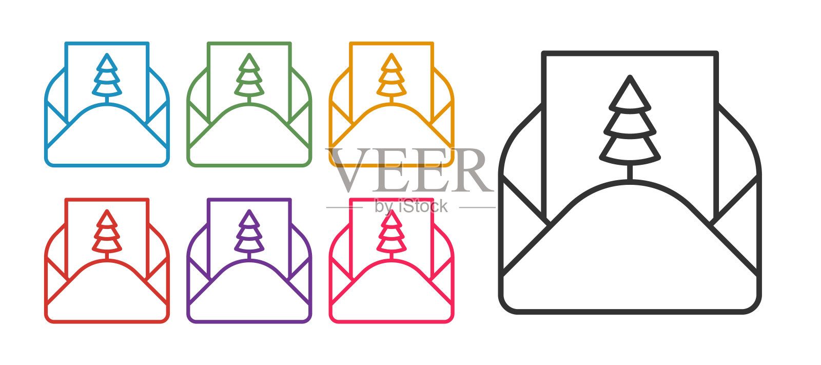 设置线信封与圣诞派对邀请卡图标孤立在白色背景上。圣诞快乐，恭贺新禧。设置图标丰富多彩。向量图标素材