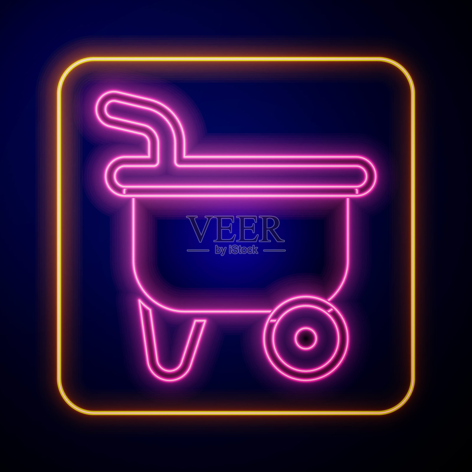 发光的霓虹灯独轮车图标孤立在黑色背景。工具设备。农业手推车车轮农场。向量插画图片素材