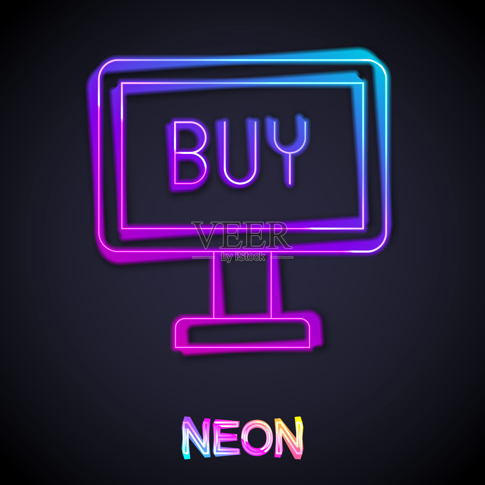 发光的霓虹灯线购买按钮图标孤立在黑色背景。向量插画图片素材