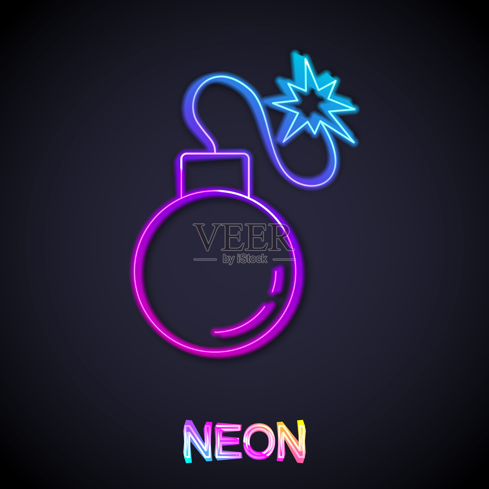 发光霓虹线炸弹准备爆炸图标孤立在黑色背景。向量插画图片素材