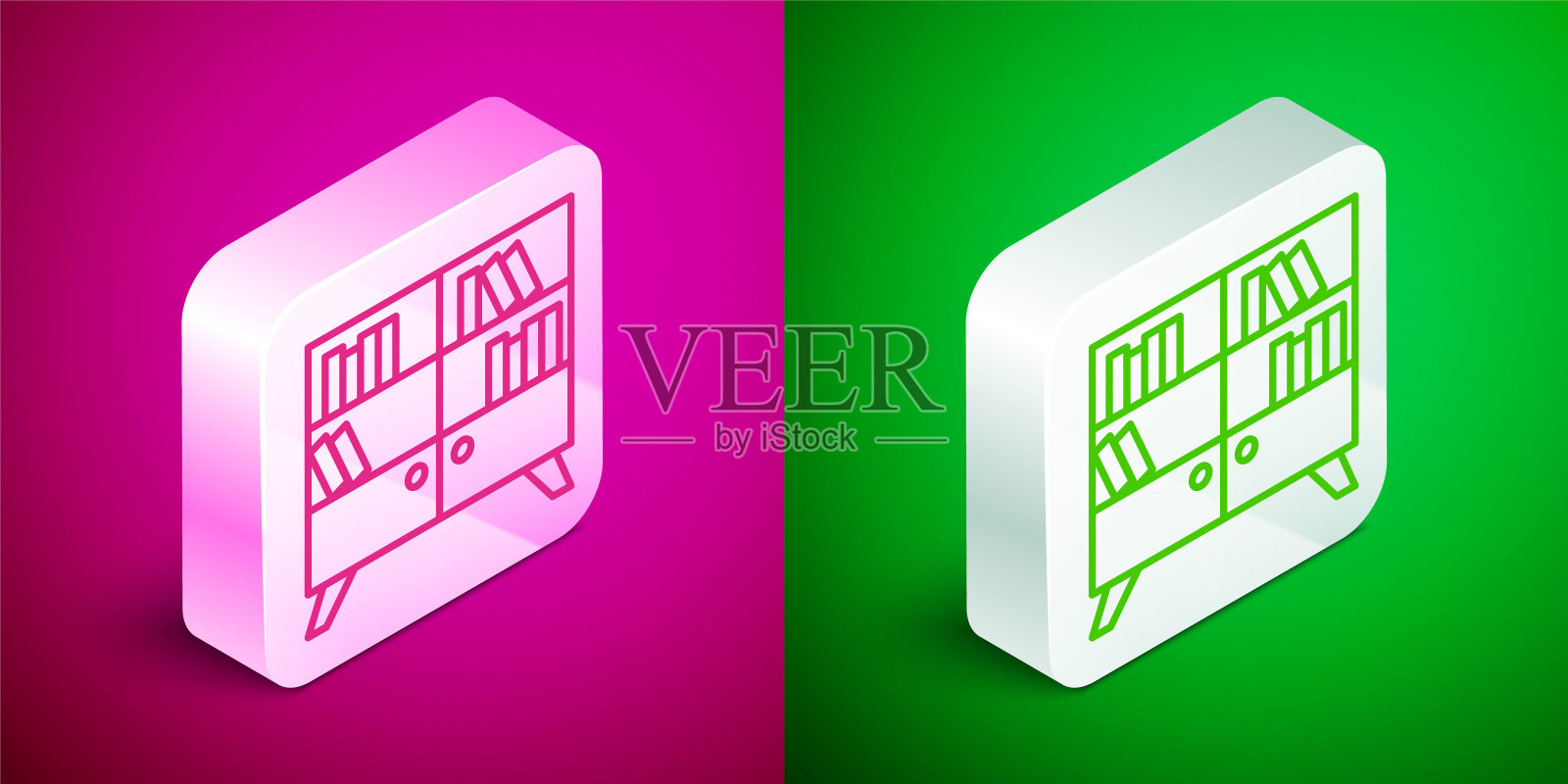 等距线图书馆书架图标孤立在粉红色和绿色的背景。银广场按钮。向量图标素材