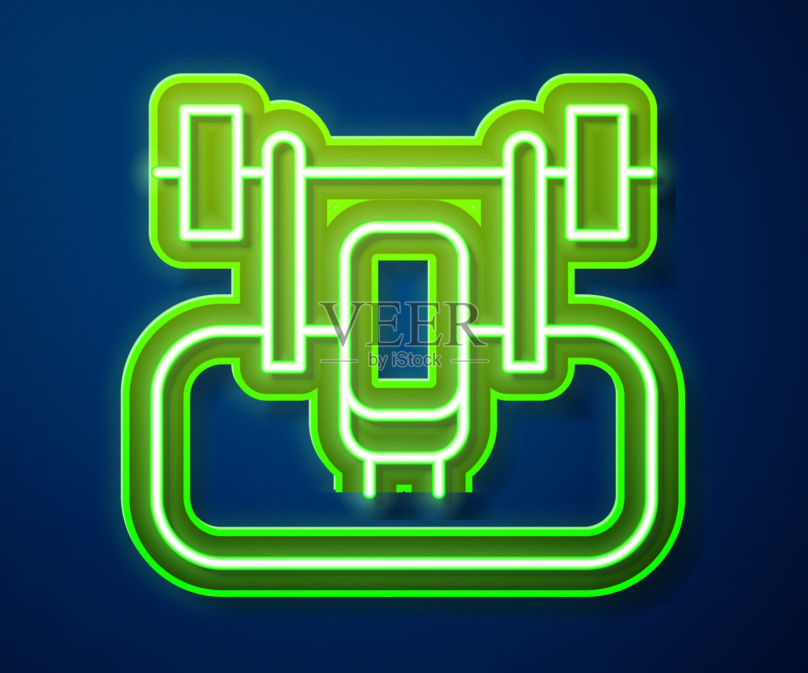 发光的霓虹灯线长凳与barbel图标孤立在蓝色背景。健身器材。健美、举重、健身理念。向量插画图片素材