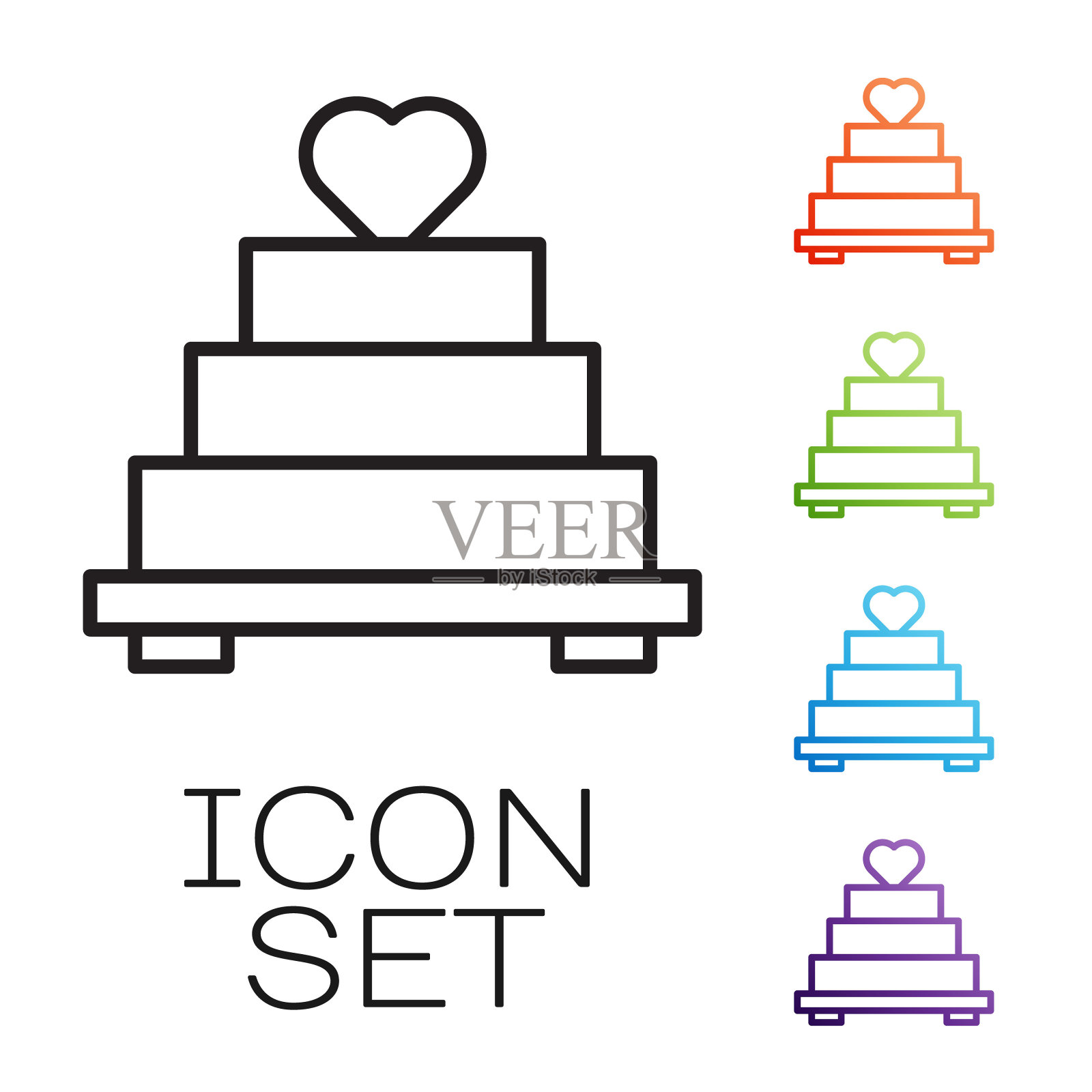 黑线婚礼蛋糕与心脏图标孤立在白色背景。设置图标丰富多彩。向量图标素材
