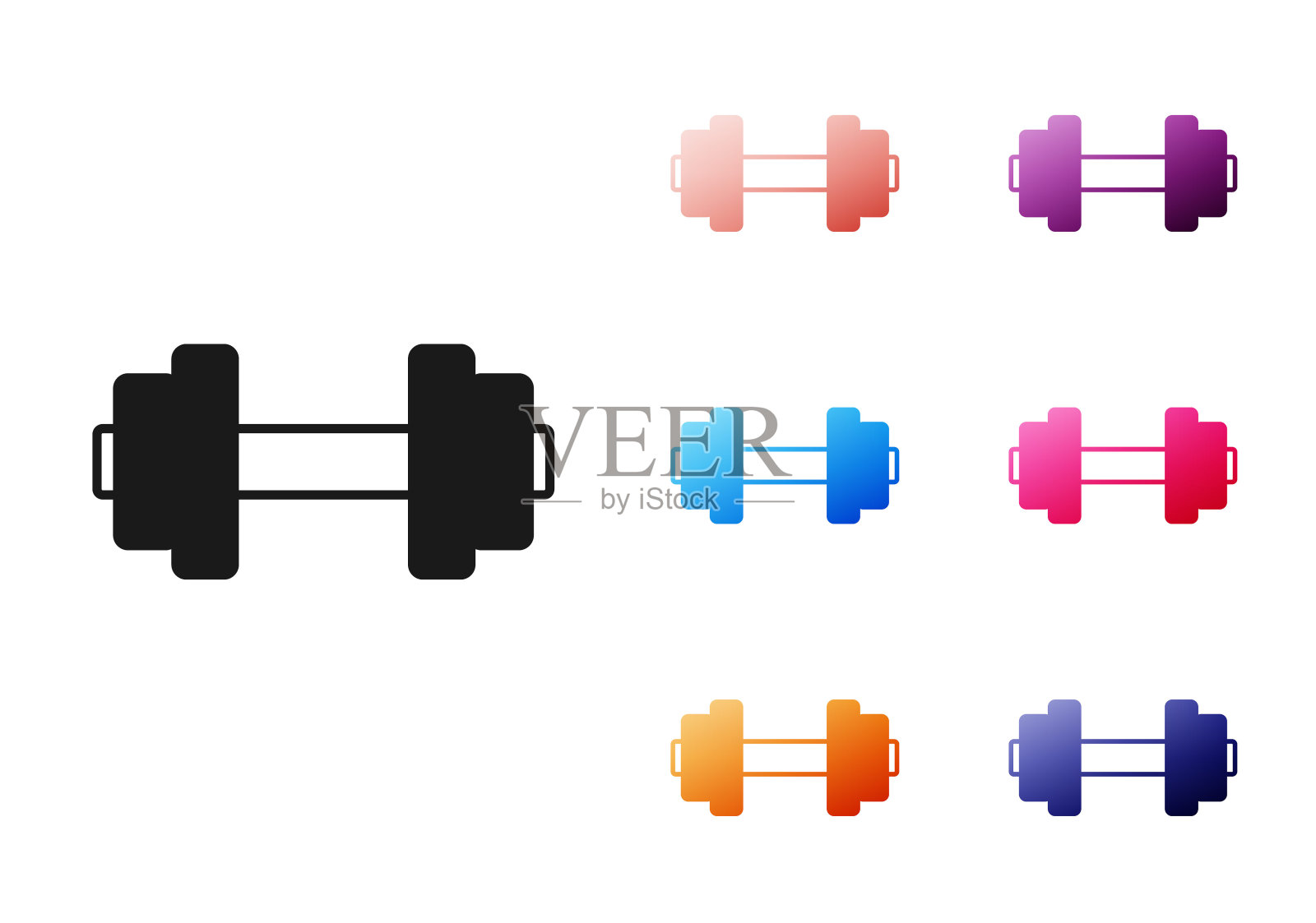 黑色哑铃图标孤立在白色背景上。肌肉提升图标，健身杠铃，健身房，运动器材，锻炼大铃。设置图标丰富多彩。向量图标素材