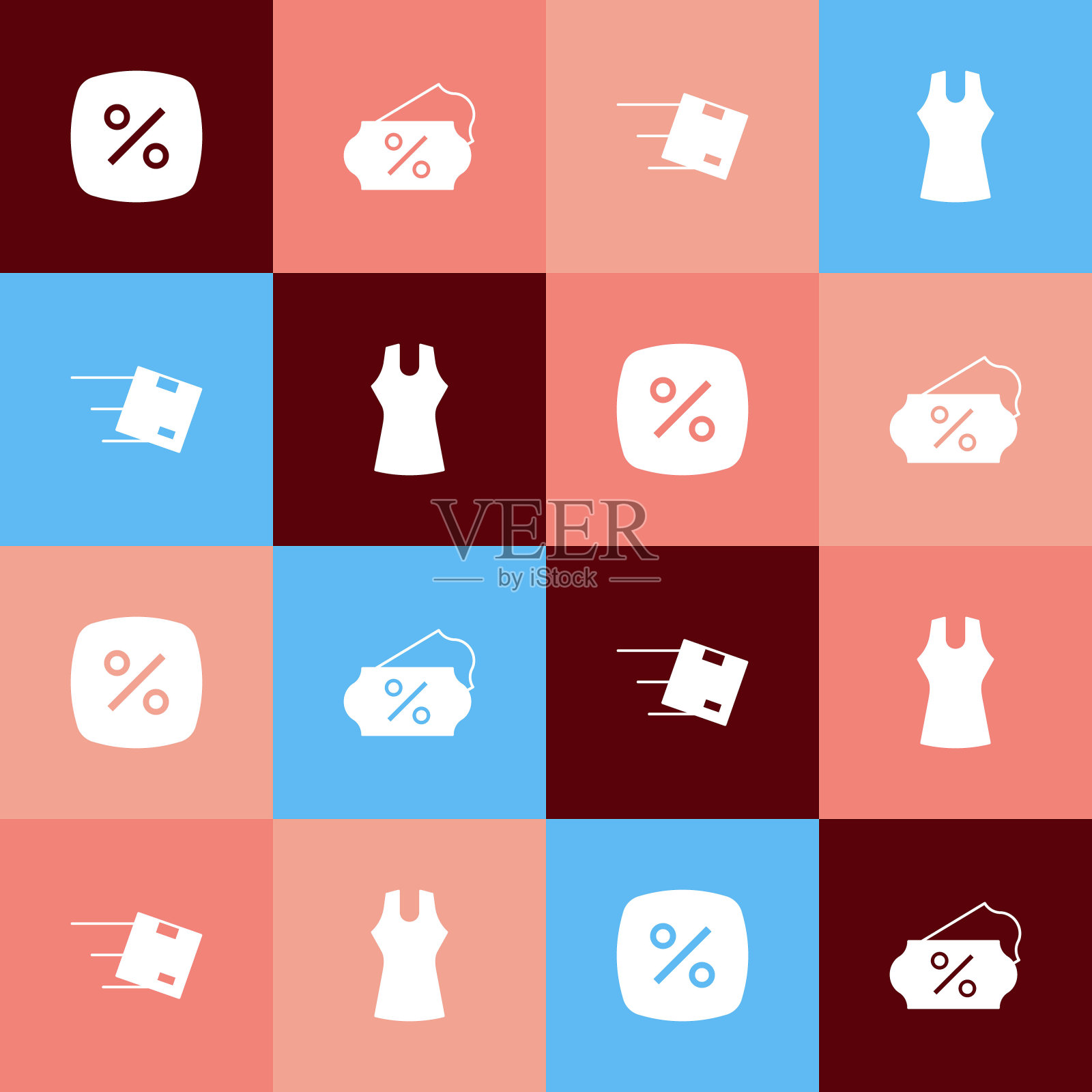 设置流行艺术折扣百分比标签，位置与纸箱和女人的服装图标。向量插画图片素材