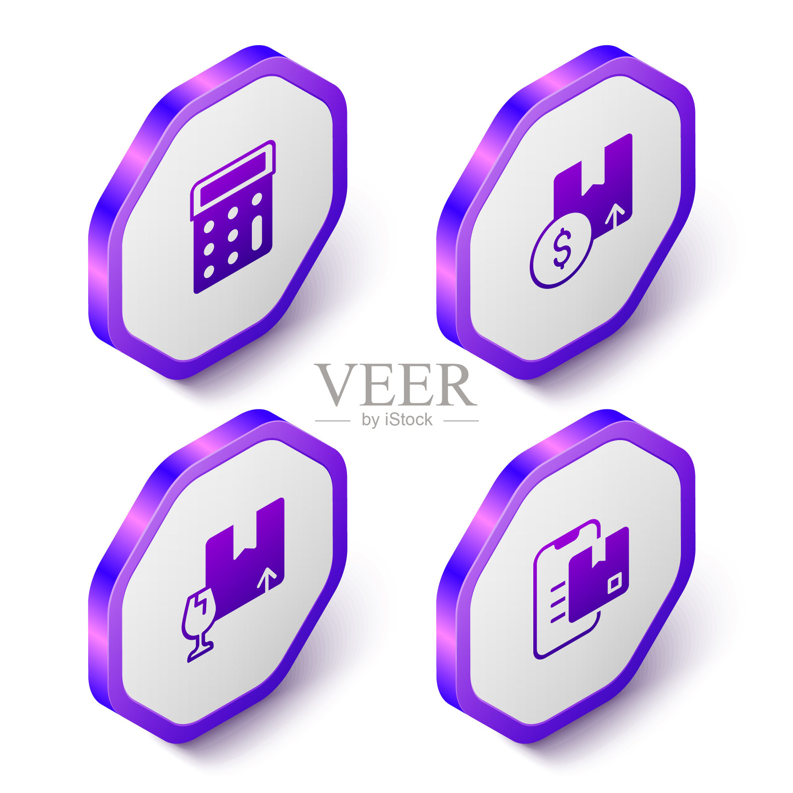 设置等距计算器，纸箱纸箱，包装易碎内容和文件跟踪标记图标。紫色的六角按钮。向量图标素材