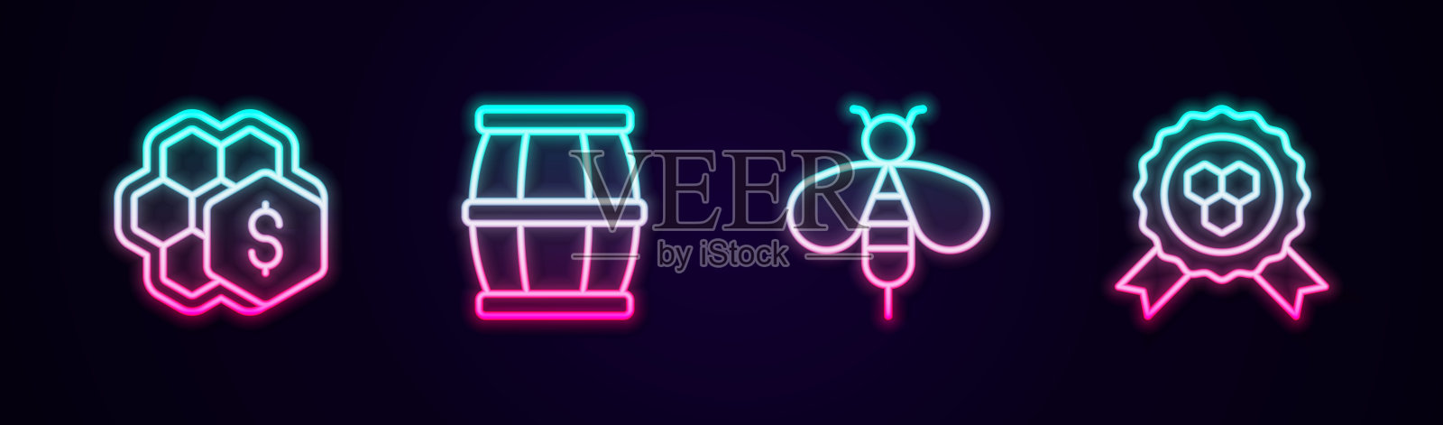 集销售蜂窝状、木桶状、蜜蜂及蜂蜜奖。发光的霓虹灯图标。向量图标素材