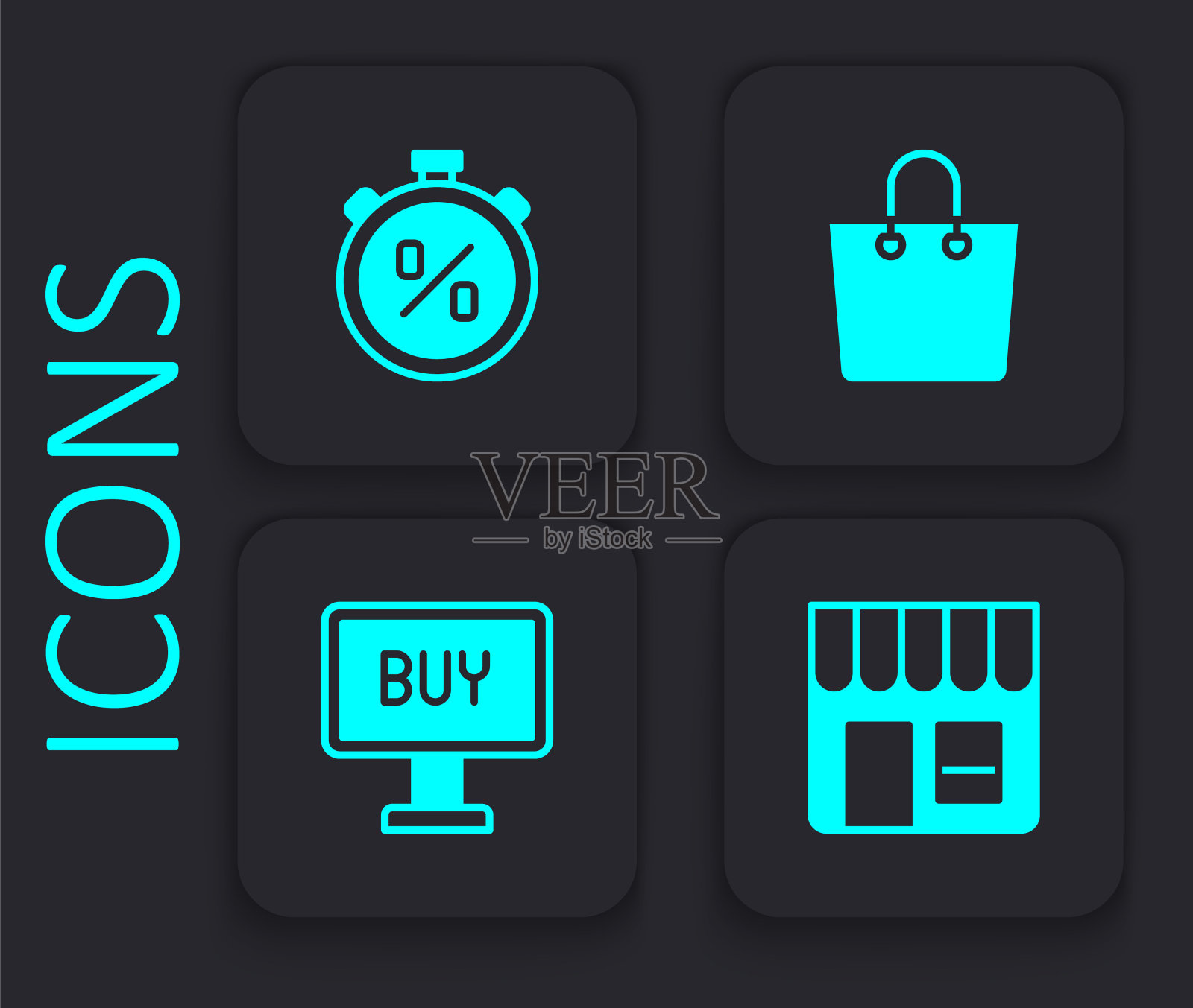 设置市场商店，秒表百分比折扣，纸购物袋和购买按钮图标。黑色方形按钮。向量图标素材