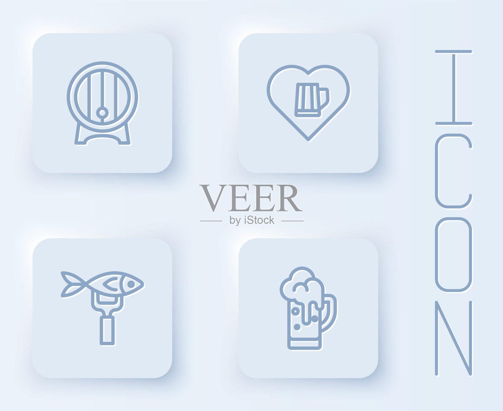 木桶放在架子上，心与啤酒，干鱼和玻璃。白色正方形按钮。向量图标素材