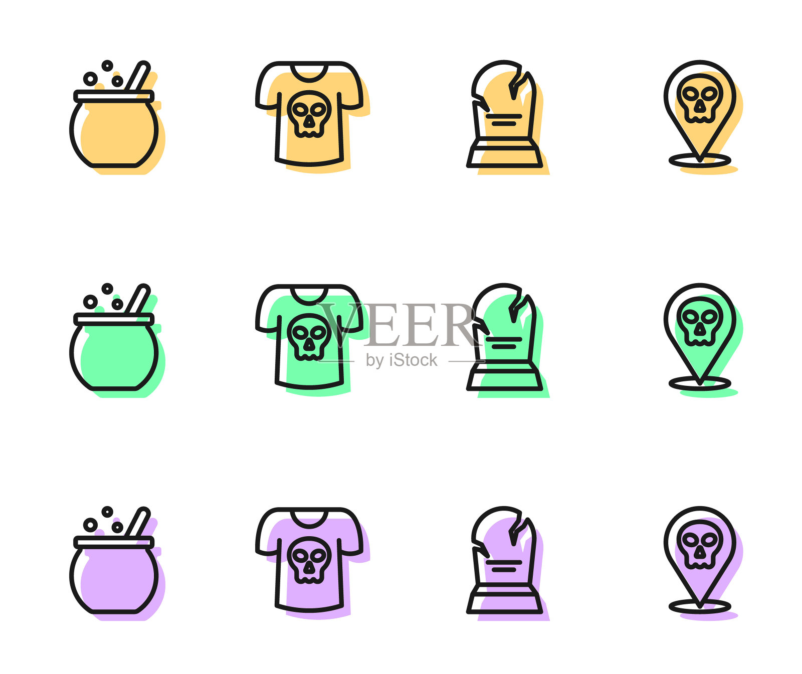 设置行墓碑与RIP写，万圣节女巫坩埚，衬衫头骨和头骨图标。向量插画图片素材