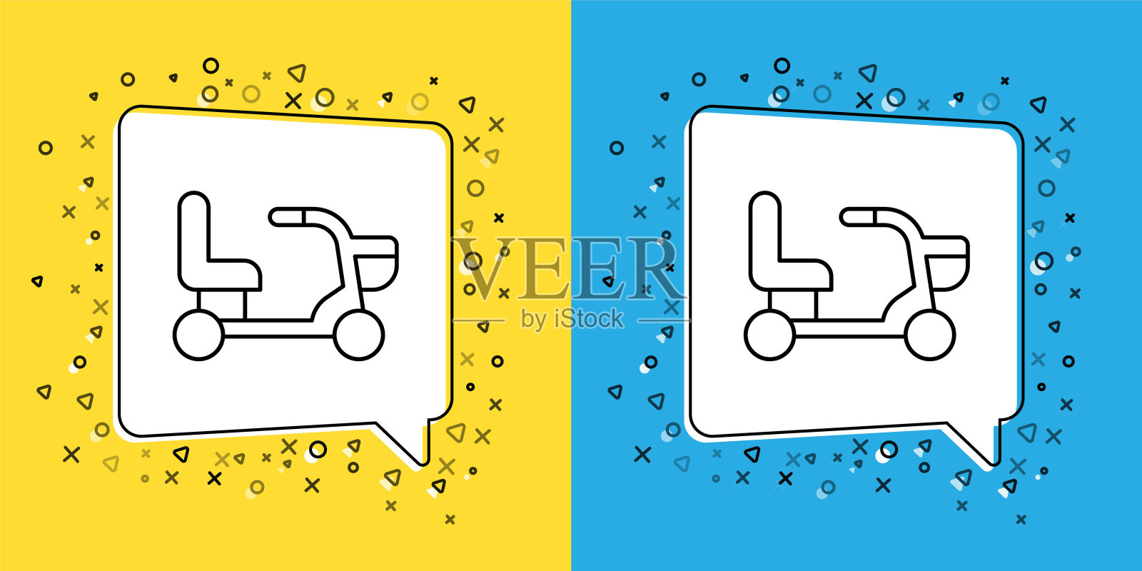 设置线路残疾人电动轮椅图标孤立在黄色和蓝色背景。移动摩托车图标。向量插画图片素材