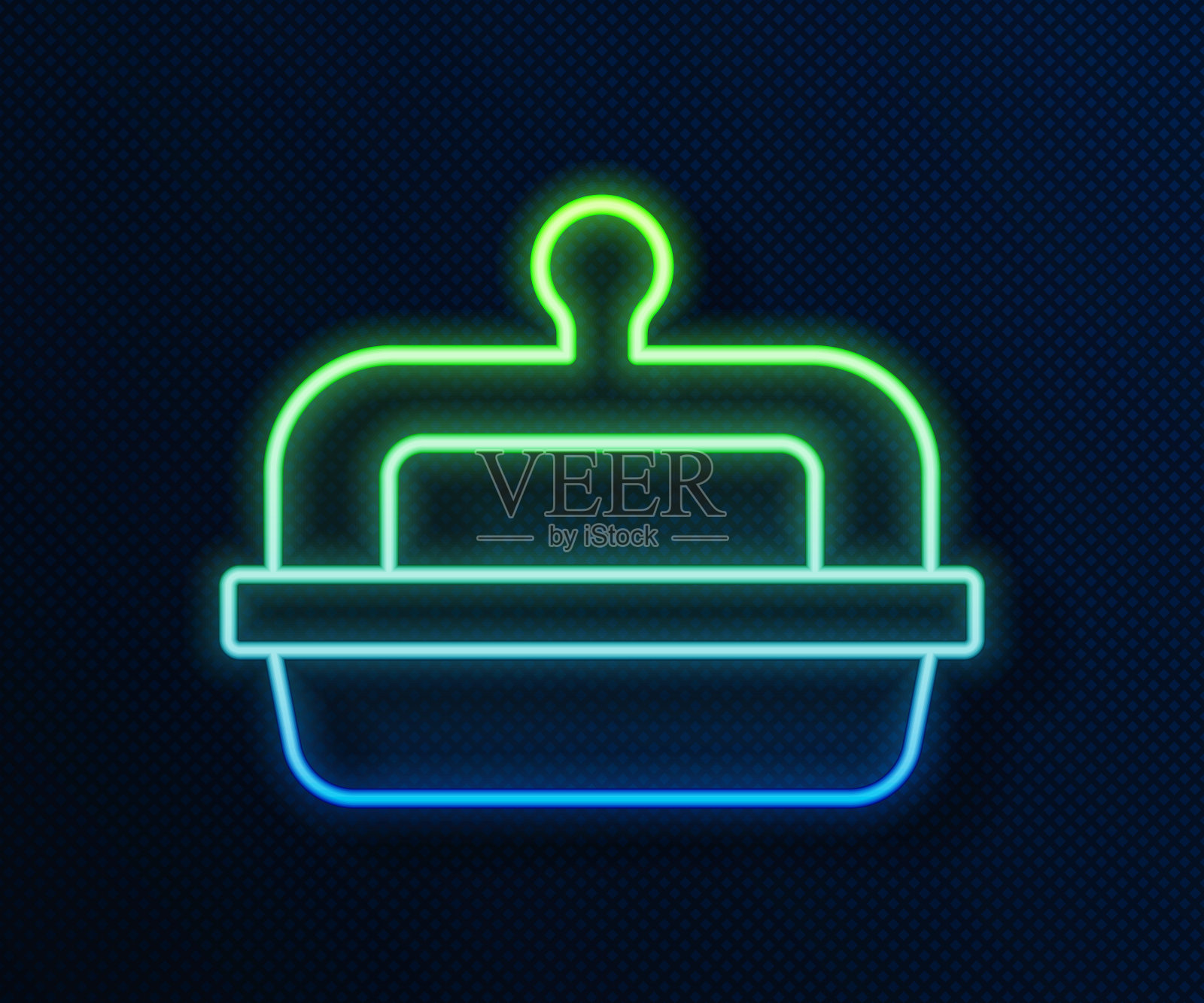 发光的霓虹灯线黄油在一个黄油盘子图标孤立在蓝色背景上。黄油砖在盘子上。牛奶为基础的产品。自然的乳制品。向量插画图片素材