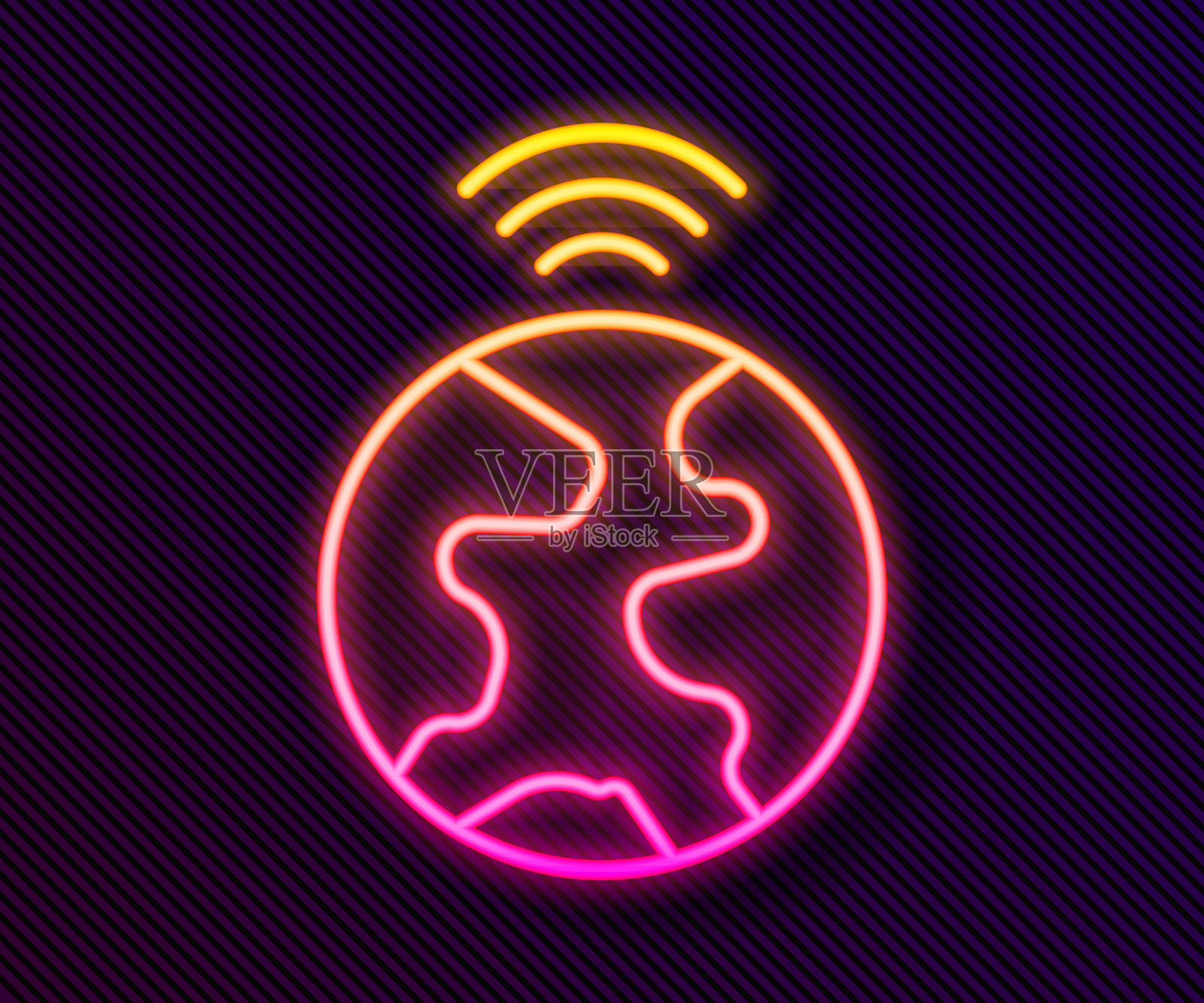 发光的霓虹灯线全球科技或社交网络图标孤立在黑色背景上。向量插画图片素材