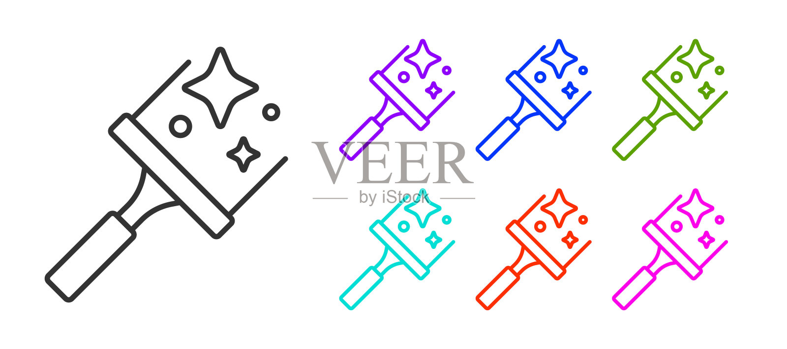 黑色线清洁服务与橡胶清洁剂的窗户图标孤立在白色背景。刮刀,刮刀,刮水器。设置图标丰富多彩。向量插画图片素材