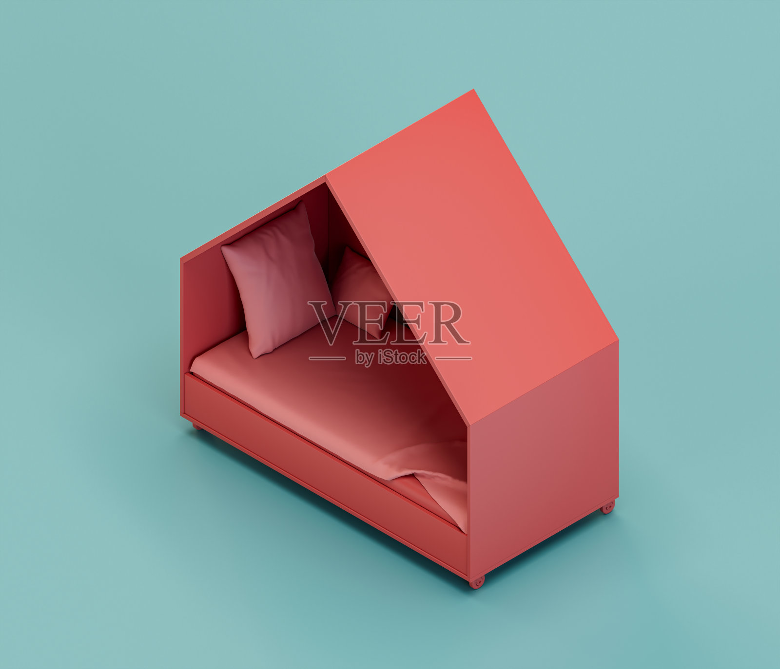 房子形状的儿童床等距红色操场对象，适合儿童身心发展。单色单色，三维渲染照片摄影图片