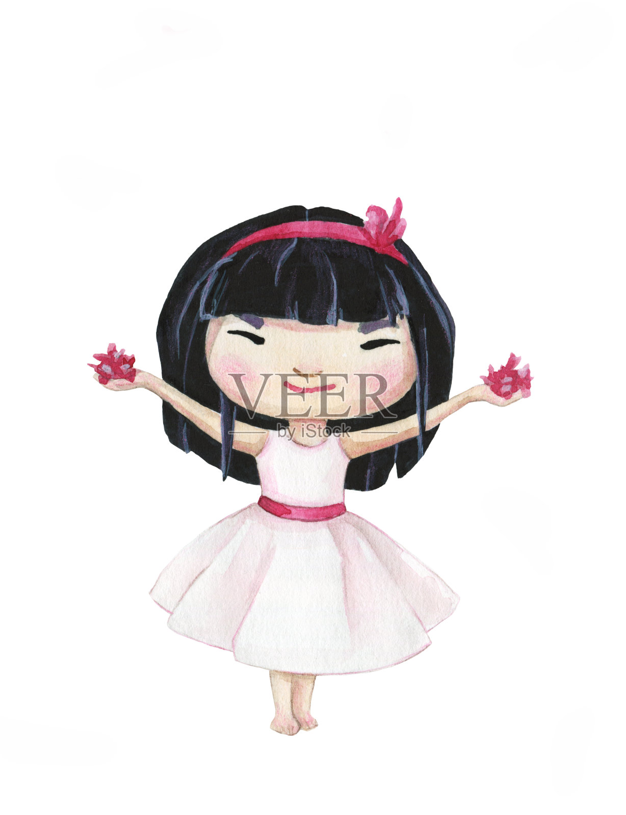 手绘水彩画微笑的日本女孩。水彩画插画图片素材